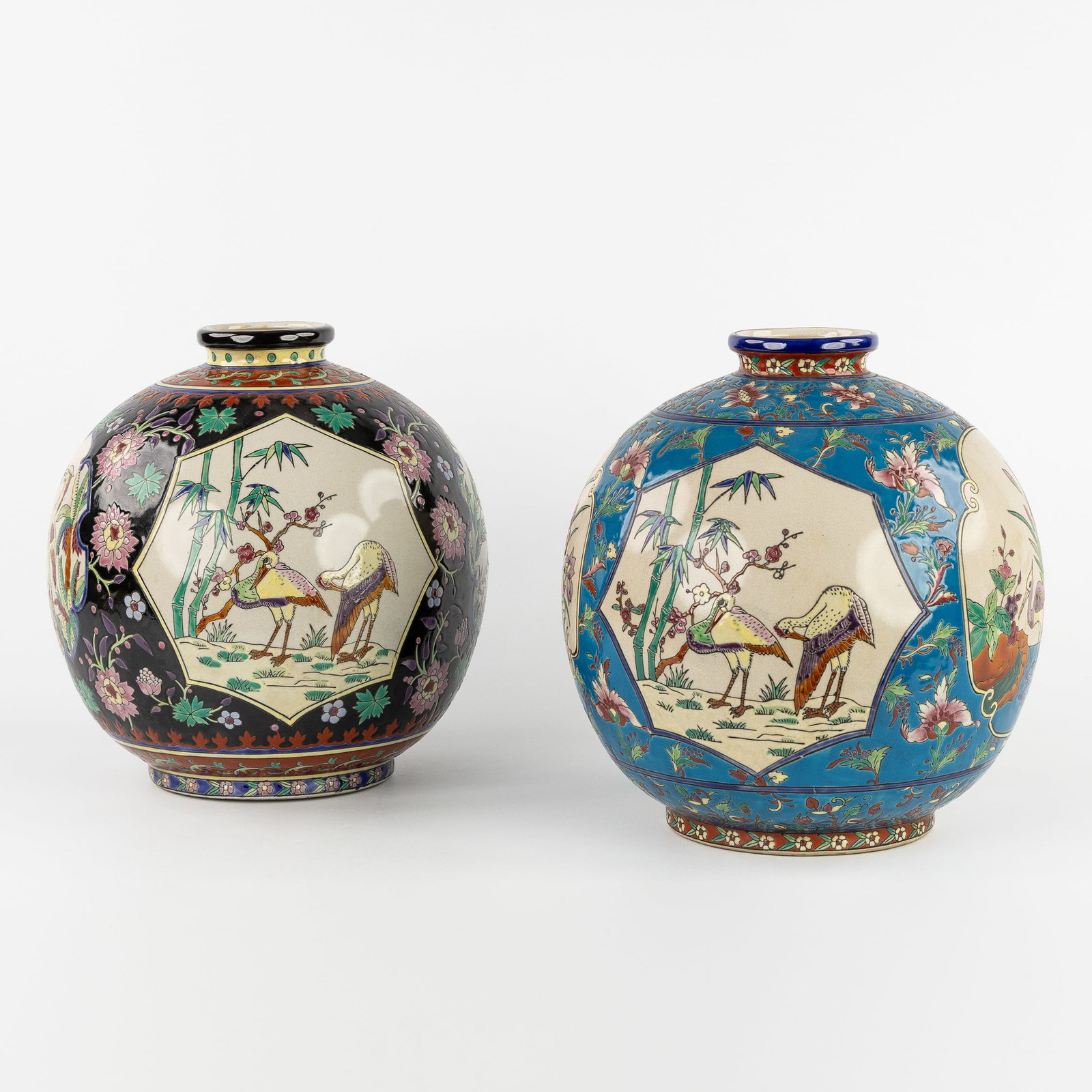 Emaux de Louviere, two large spherical vases with Heron and Stork decoration, glazed ceramic, Art (1 of 9)