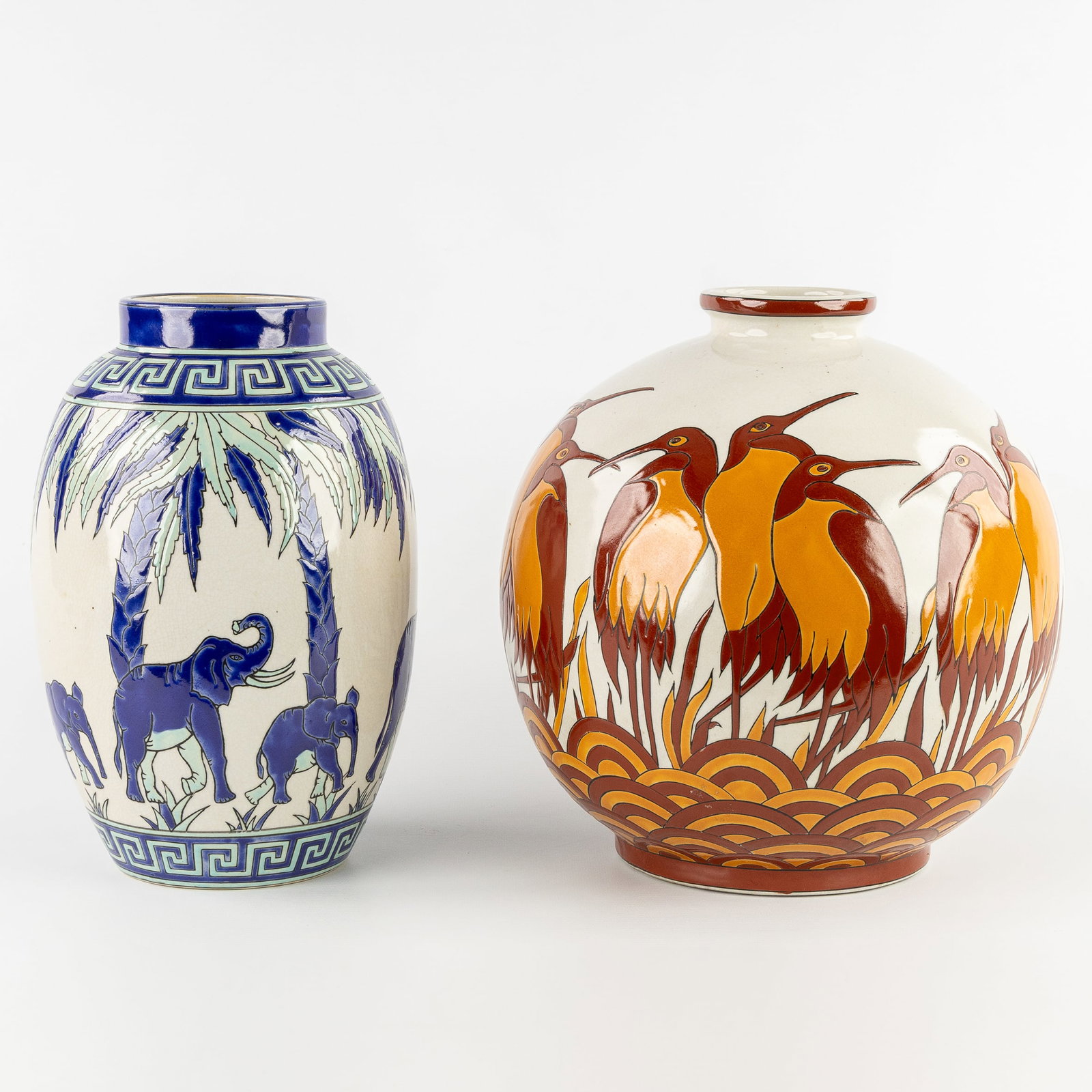 Keralouve La Louviere, Two vases with Heron and Elephant decor, glazed ceramic, in the style of (1 of 15)