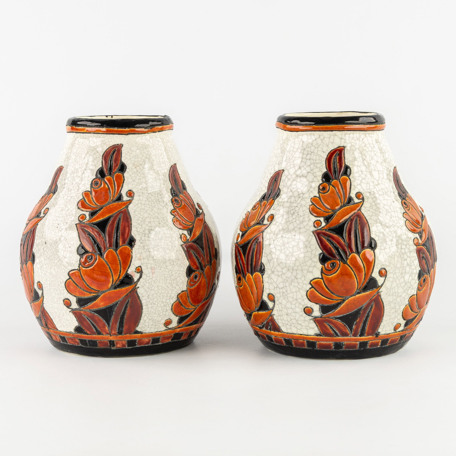 Charles Catteau (1880–1966) ‘Pair of vases' glazed ceramics for Boch Keramis. (1 of 8)