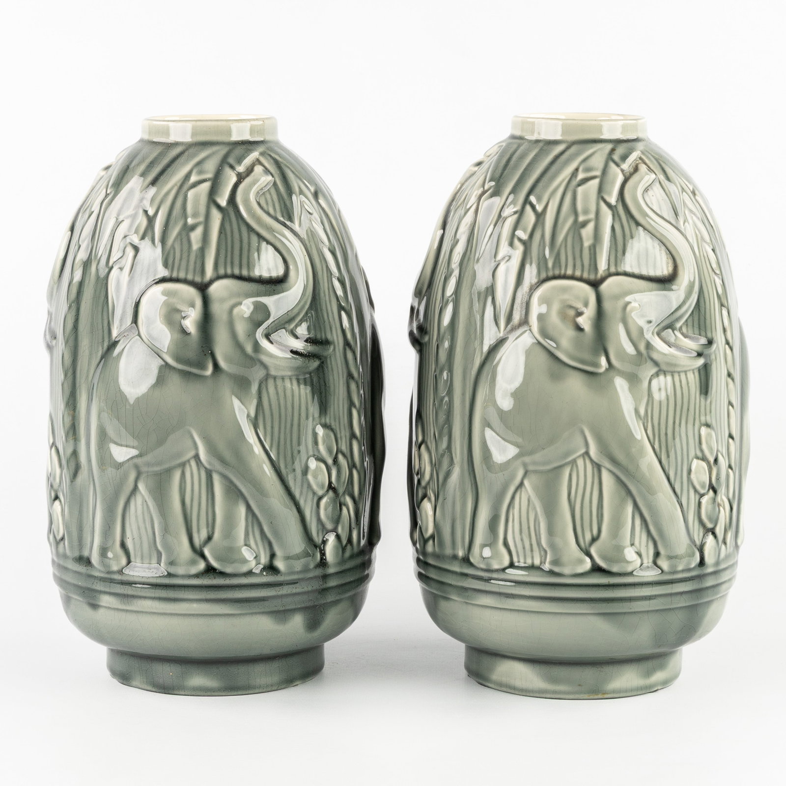 Charles Catteau (1880–1966) ‘Pair of vases with elephant decoration', glazed ceramic for Boch (1 of 6)
