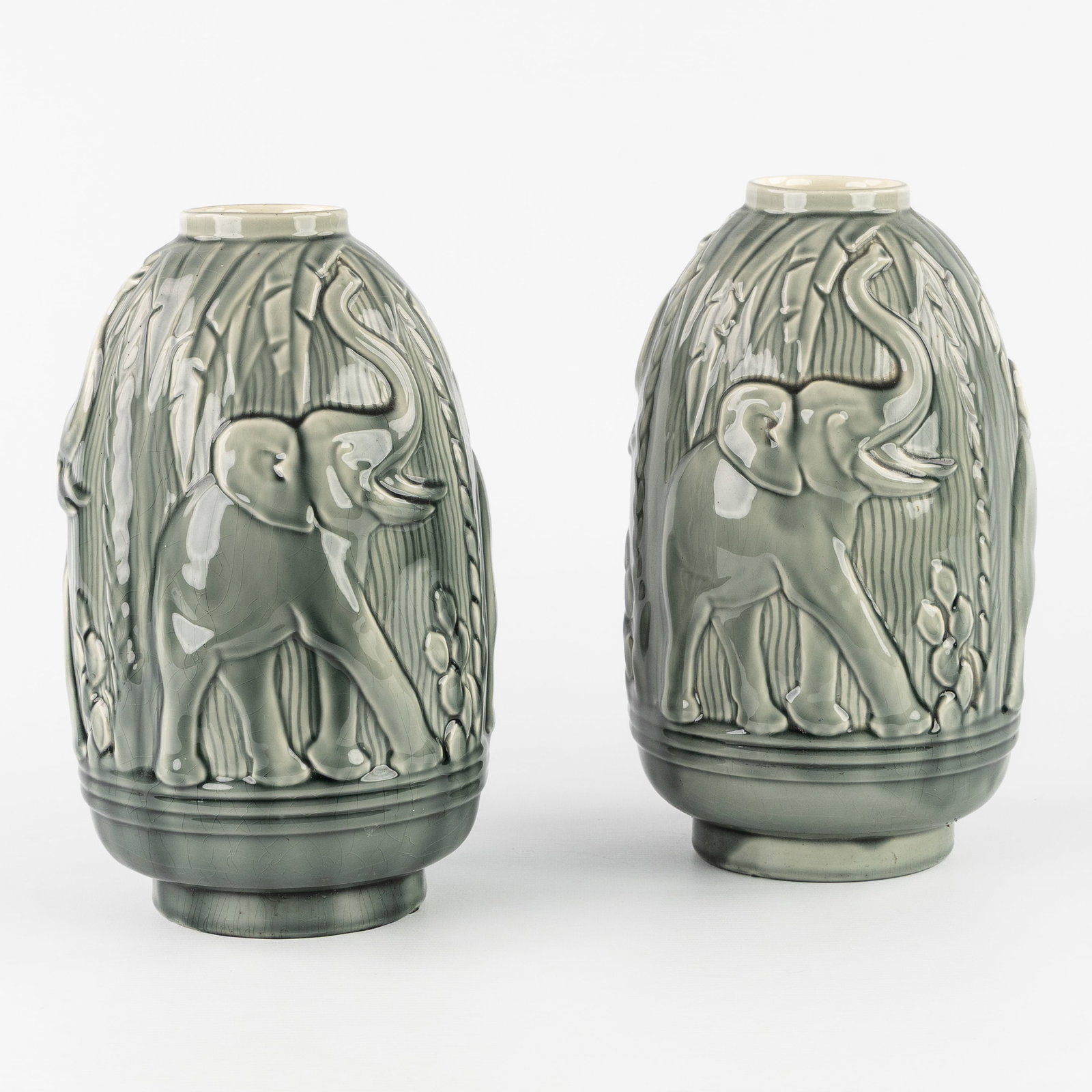 Charles Catteau (1880–1966) ‘Pair of vases with elephant decoration', glazed ceramic for Boch (1 of 7)