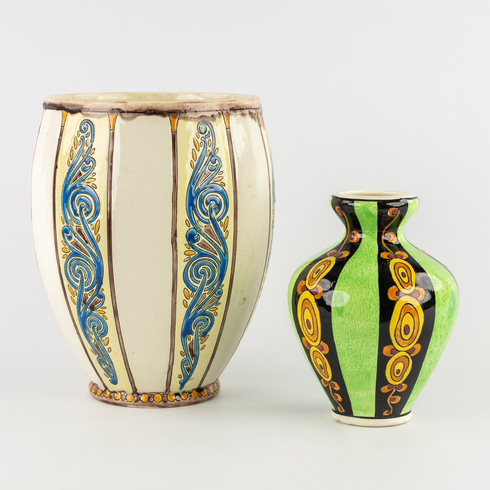 Maurice Dufrêne (1876-1955) 'Polychrome decor with strongly stylised flowers and leaves', glazed (1 of 8)