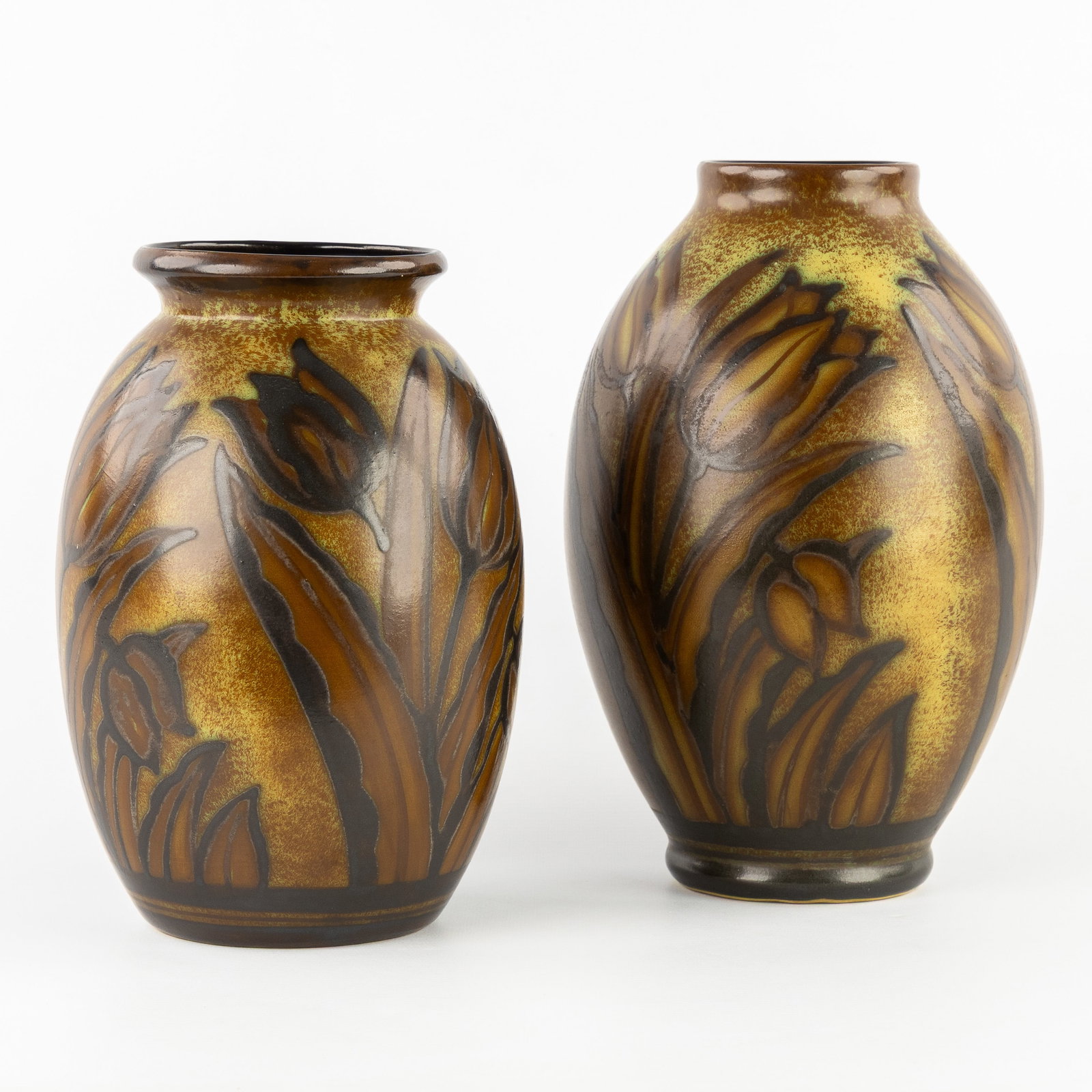 Charles Catteau (1880–1966) ‘Two Vases: Two-tone Decor with Tulips', glazed ceramics for Boch (1 of 9)