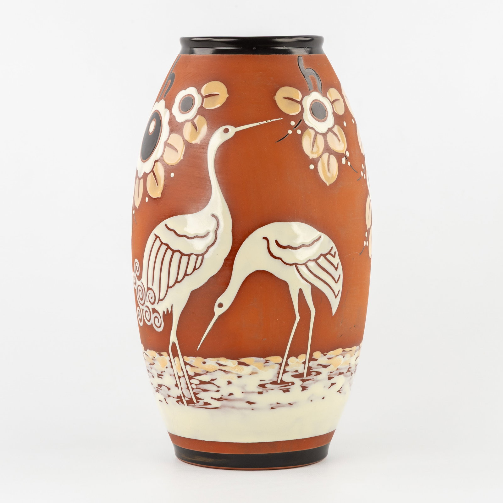 Charles Catteau (1880–1966) ‘Polychrome Design with wading birds and floral motives', glazed (1 of 7)