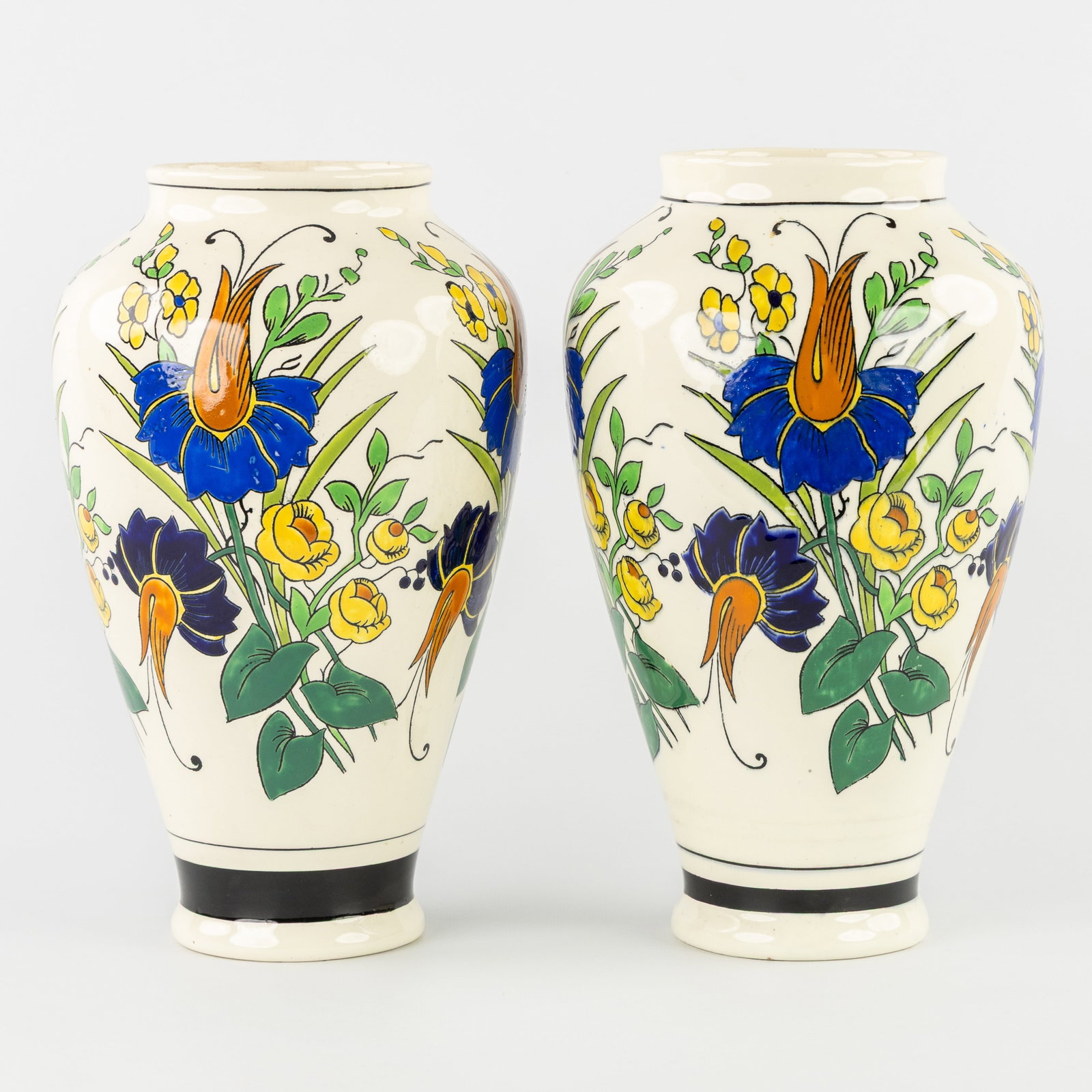 Charles Catteau (1880–1966) ‘A pair of vases: Polychrome Design with floral motives', glazed (1 of 8)