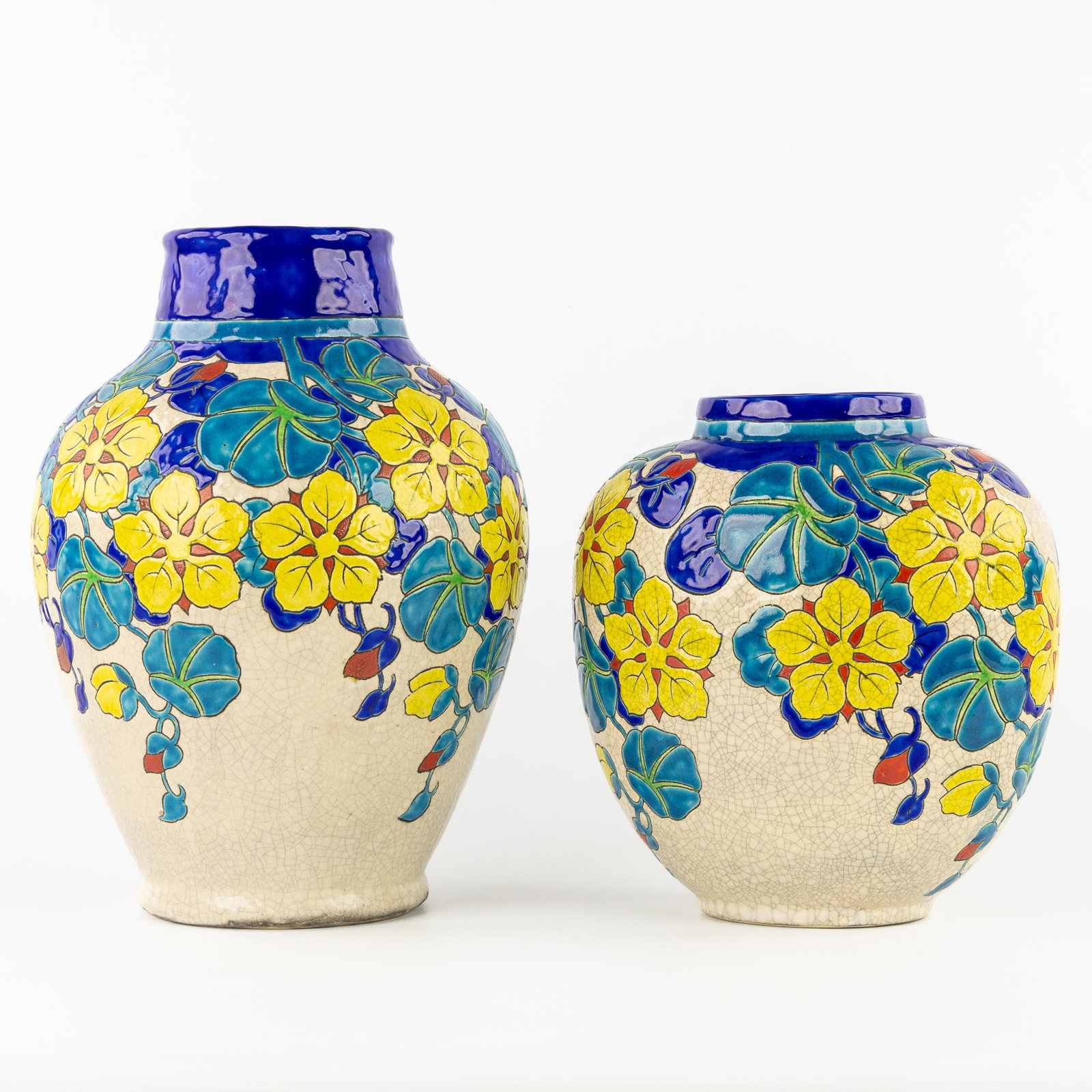 Charles Catteau (1880–1966) ‘Two Vases: Polychrome design with floral motifs, glazed ceramics (1 of 8)
