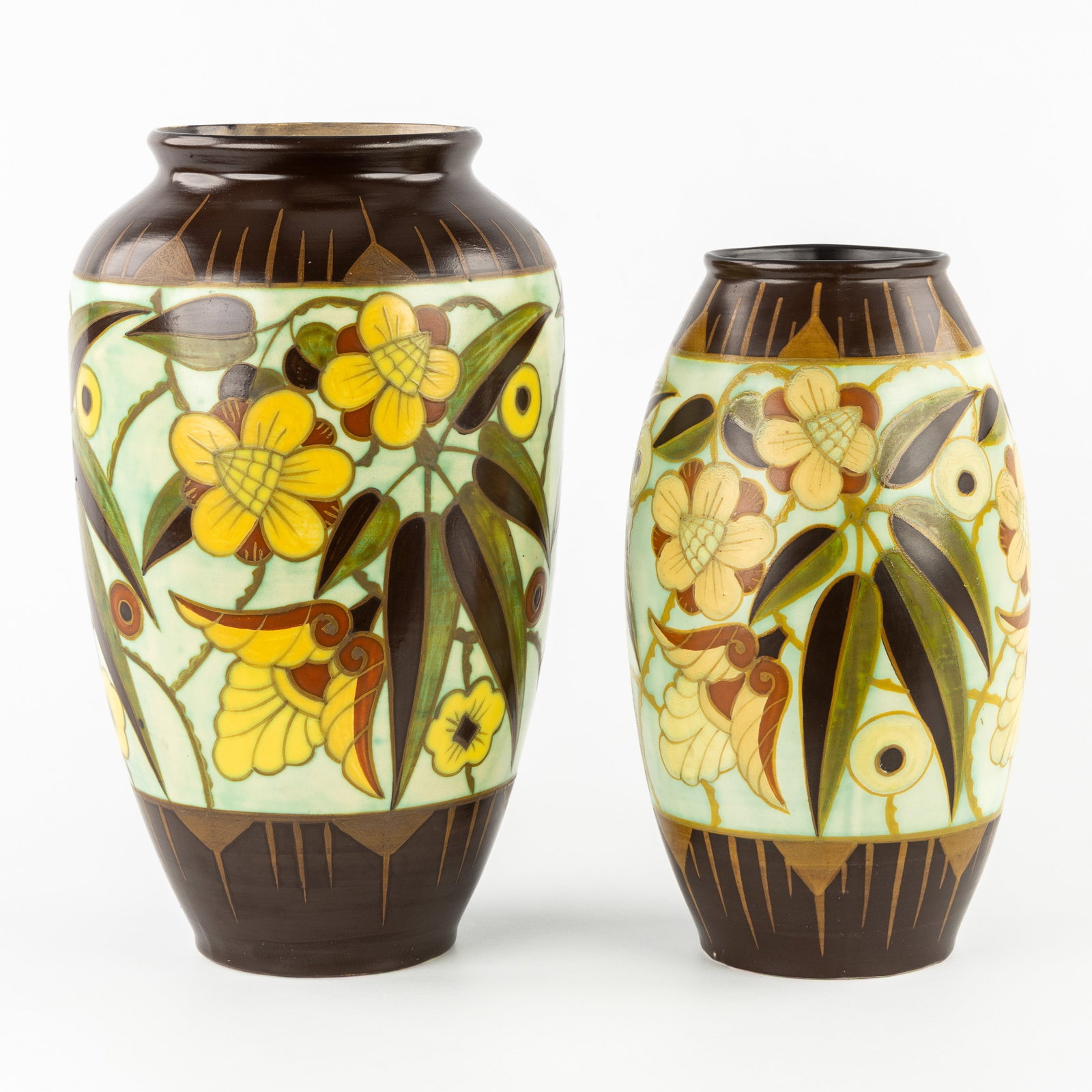 Charles Catteau (1880–1966) ‘Polychrome Design with floral motifs', glazed ceramics for Boch: Charles Catteau (1880–1966) 'Polychrome Design with floral motifs', glazed ceramics for Boch Keramis. A vase: 'Polychrome Design with floral motifs Dimensions: (W:19,5 x H:34,5 cm) The absence of a 