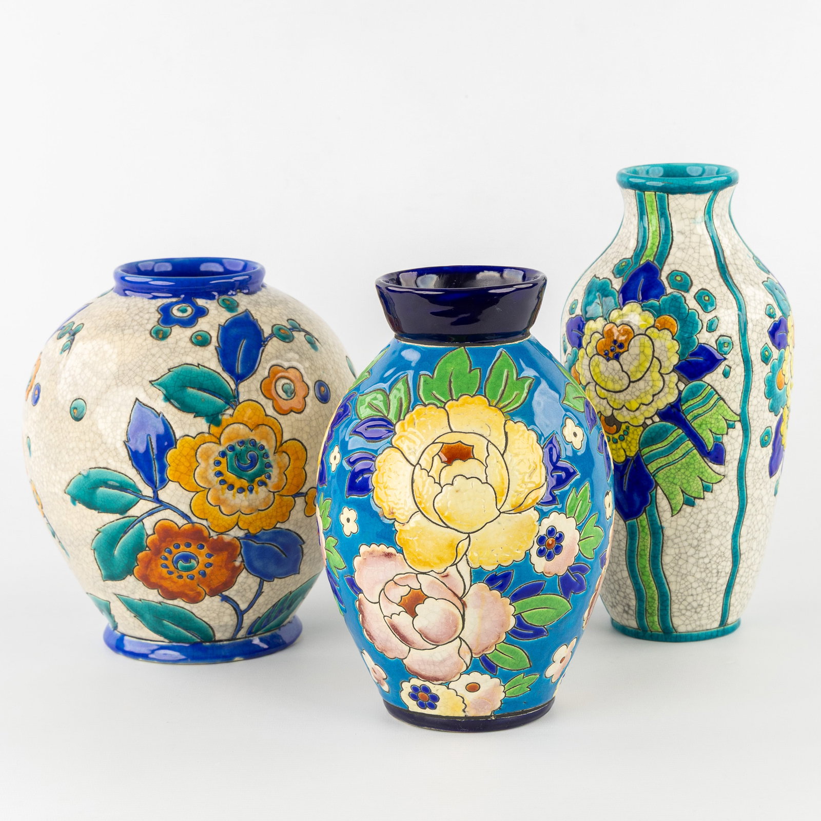 Charles Catteau (1880–1966) ‘Three vases: Polychrome decor with floral motifs', glazed ceramics (1 of 10)