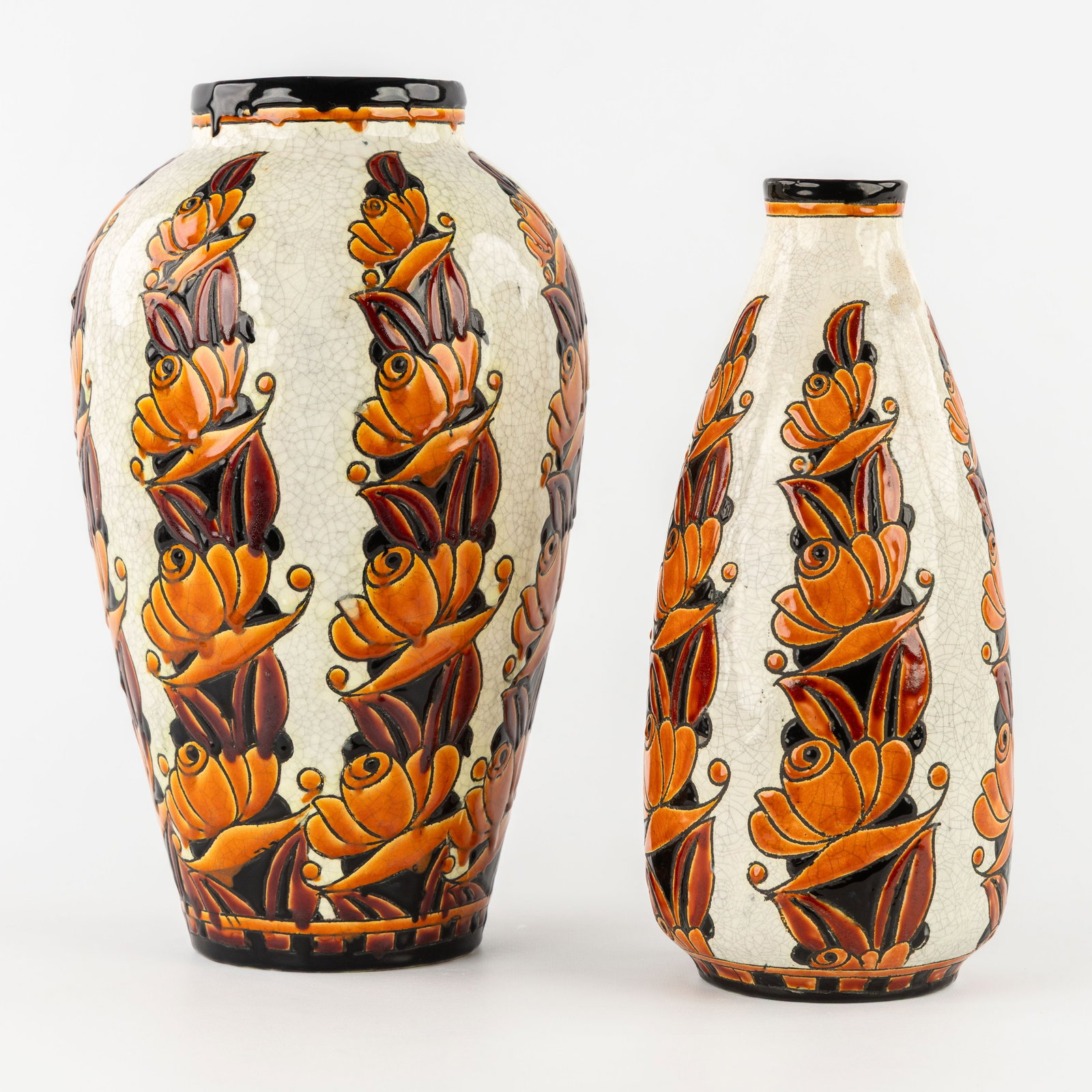 Charles Catteau (1880–1966) ‘Two vases: Three-colour design with stylised flowers', glazed (1 of 9)