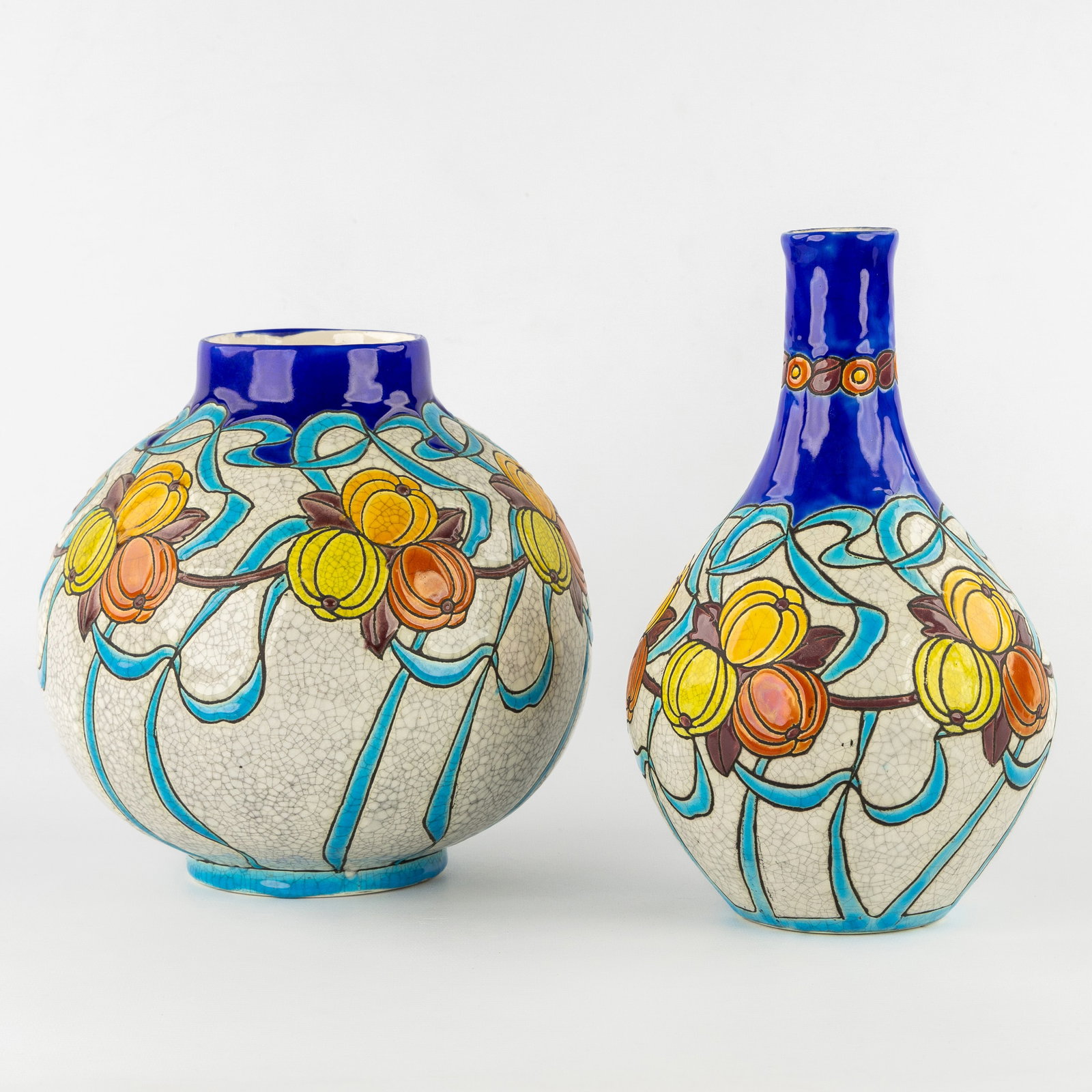 Charles Catteau (1880–1966) ‘Polychrome design with stylised gourd-like fruit' glazed ceramics (1 of 9)