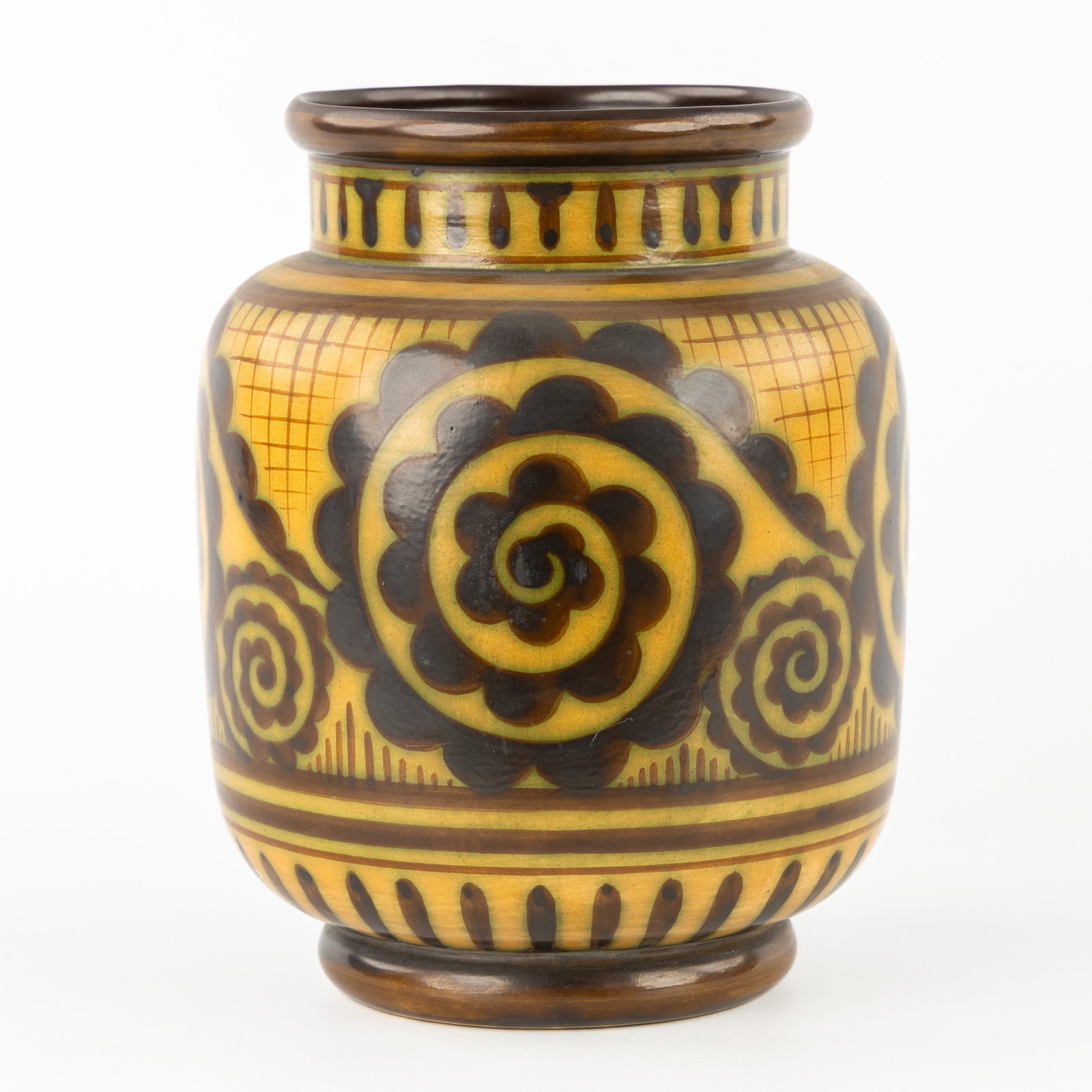 Charles Catteau (1880–1966) ‘Two-colour design with strongly stylised floral motifs', glazed (1 of 8)