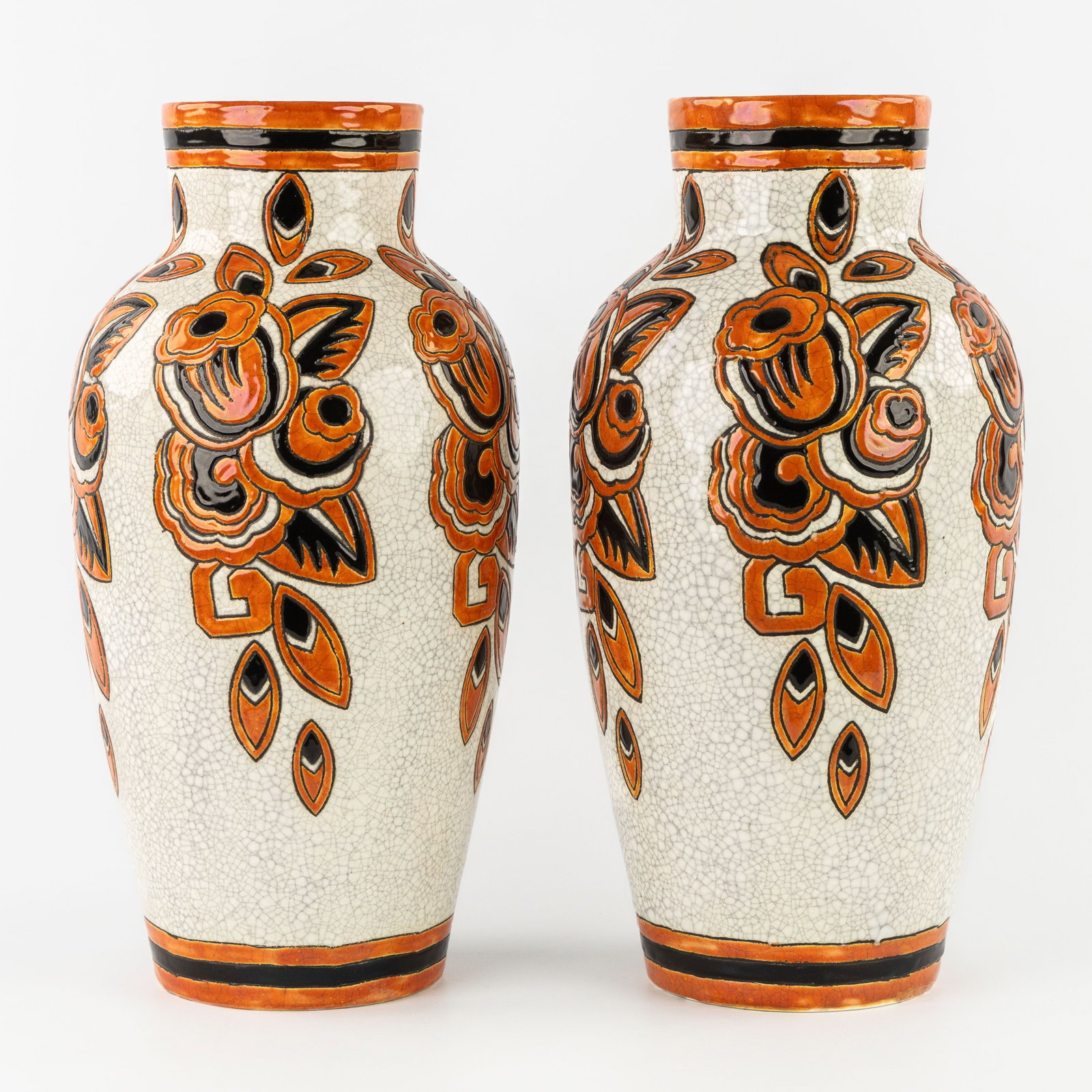 Charles Catteau (1880–1966) ‘a pair of vases: Three-colour design with stylised floral motifs', (1 of 8)
