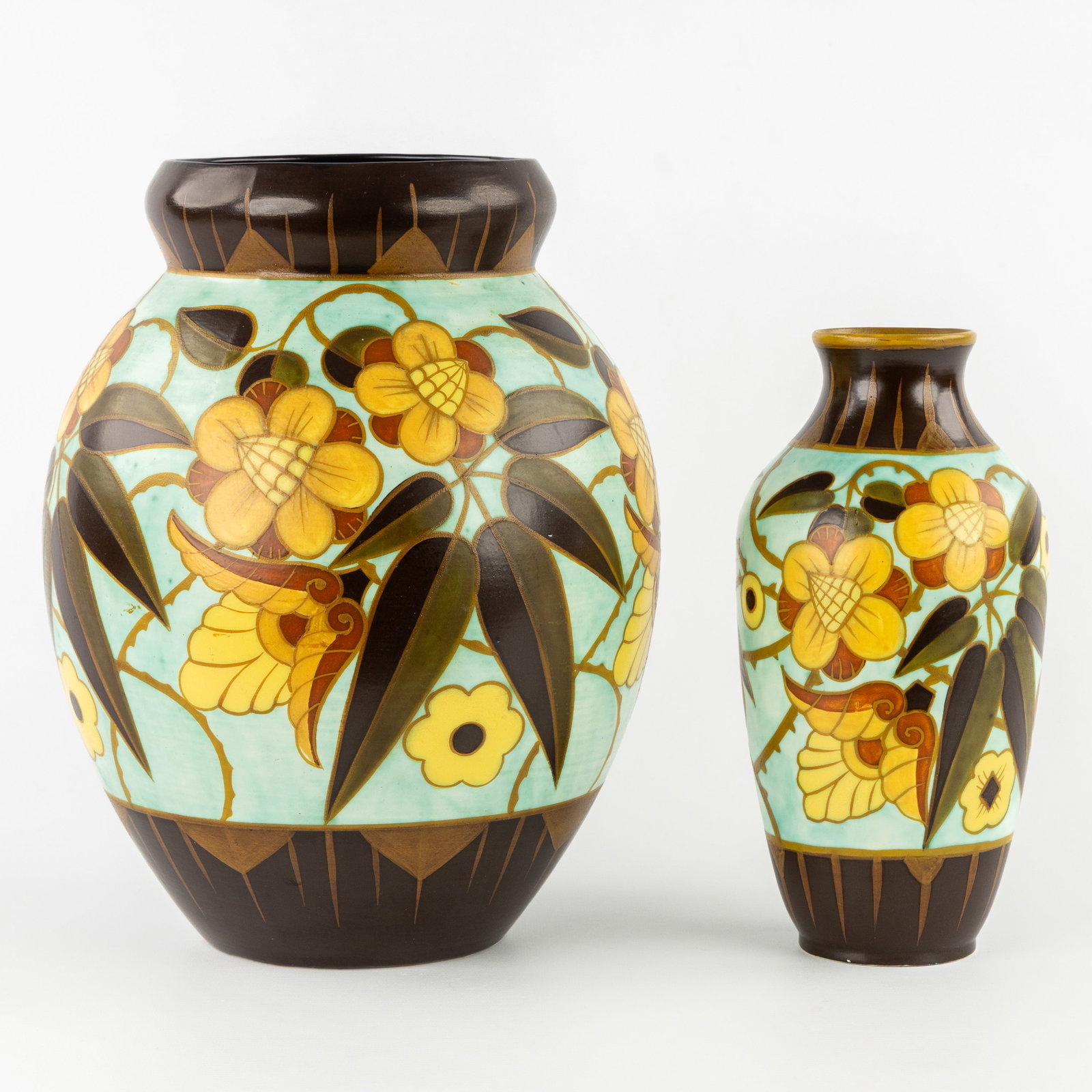 Charles Catteau (1880–1966) ‘Two vases: Polychrome design with floral motifs', glazed ceramics (1 of 8)