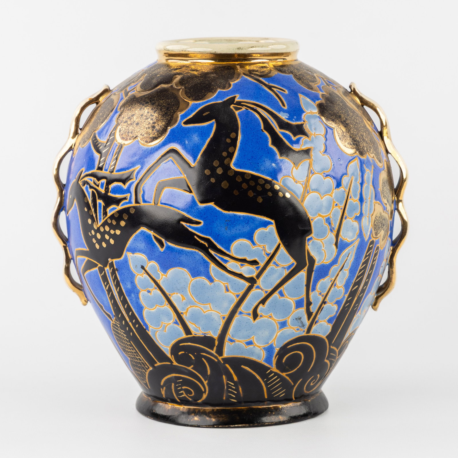 Raymond Chevalier (1900-1959) ‘Polychrome design with Antilopes and floral motifs', glazed: Raymond Chevalier (1900-1959) 'Polychrome design with Antilopes and floral motifs', glazed ceramics for Boch Keramis. Polychrome design with Antelopes and floral motifs. Boch Freres Keramis 