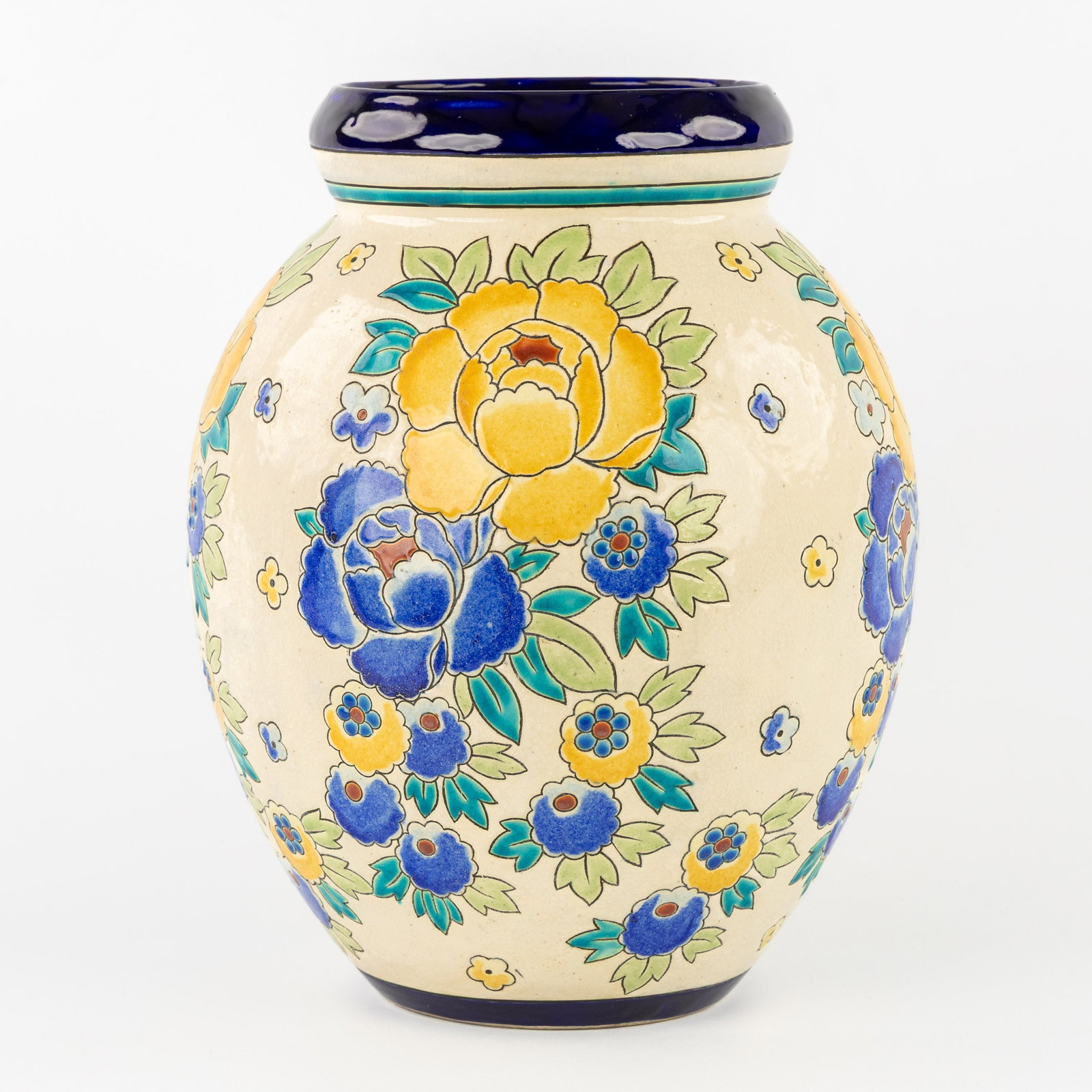 Charles Catteau (1880–1966) ‘Polychrome design with yellow and blue peonies', glazed ceramics (1 of 8)