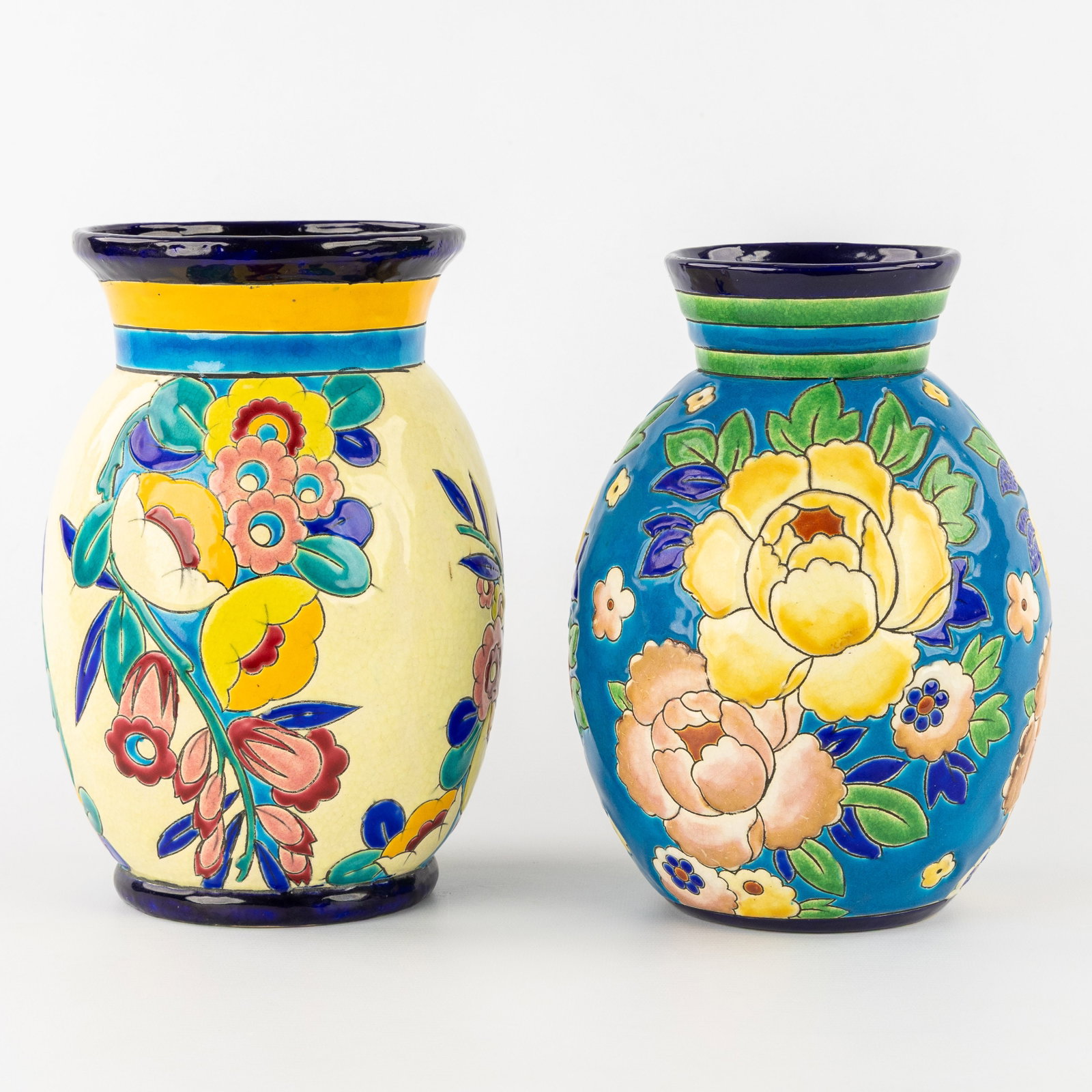 Charles Catteau (1880–1966) ‘Two vases: Polychrome design with floral motifs', glazed ceramics (1 of 9)