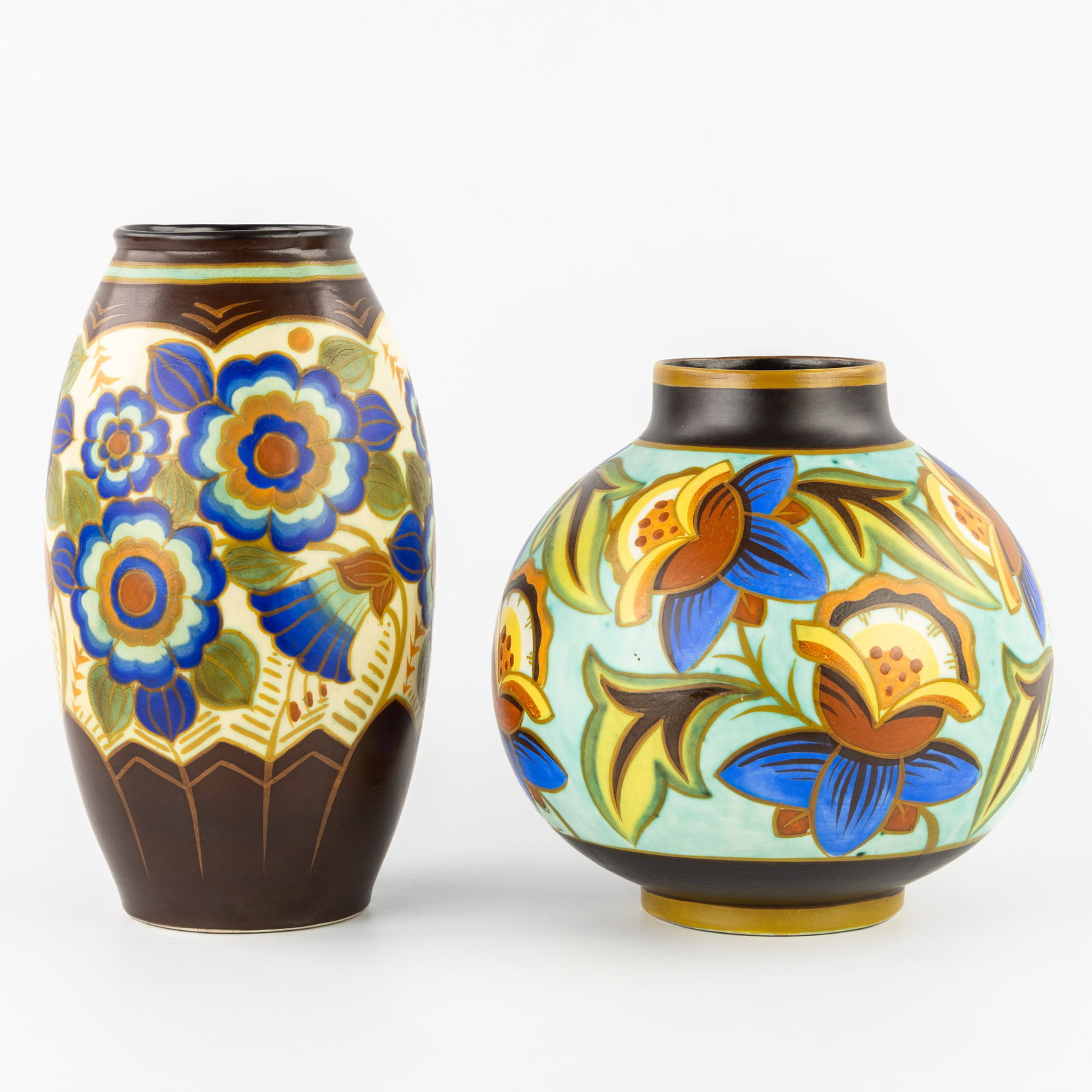 Charles Catteau (1880–1966) ‘Two vases: Polychrome design with floral motifs', glazed ceramics (1 of 8)