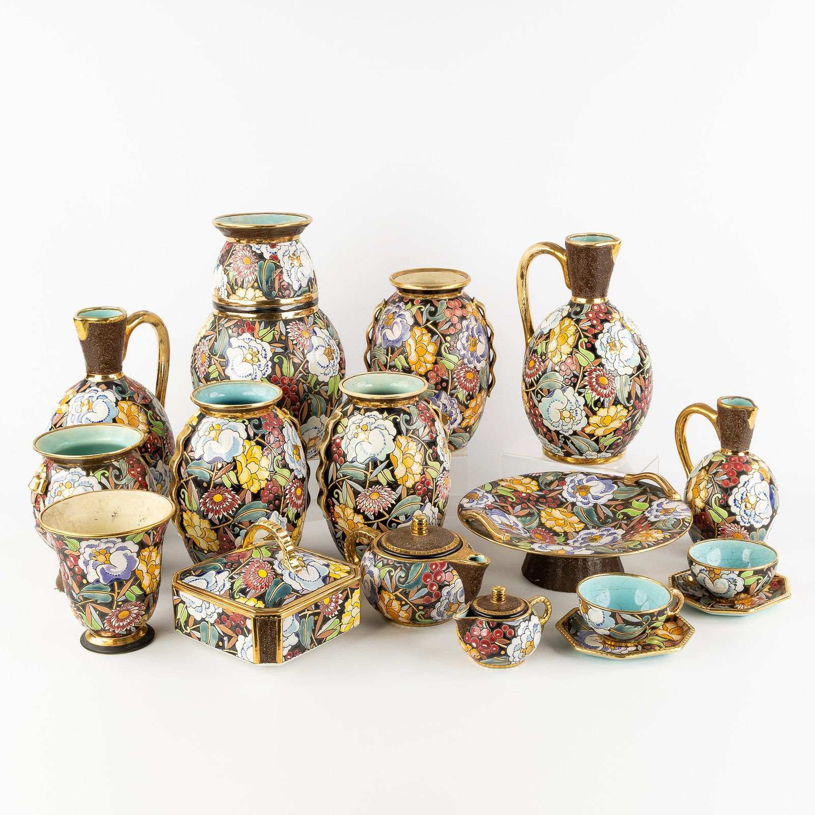 Raymond Chevalier (1900-1959), ‘Mikado' decor, 15 pieces of glazed ceramics for Boch Keramis, Art: Raymond Chevalier (1900-1959), 'Mikado' decor, 15 pieces of glazed ceramics for Boch Keramis, Art Deco. Mikado decor, polychrome decor with floral motifs, Art Deco (Decor 2919). Boch Freres Keramis, L