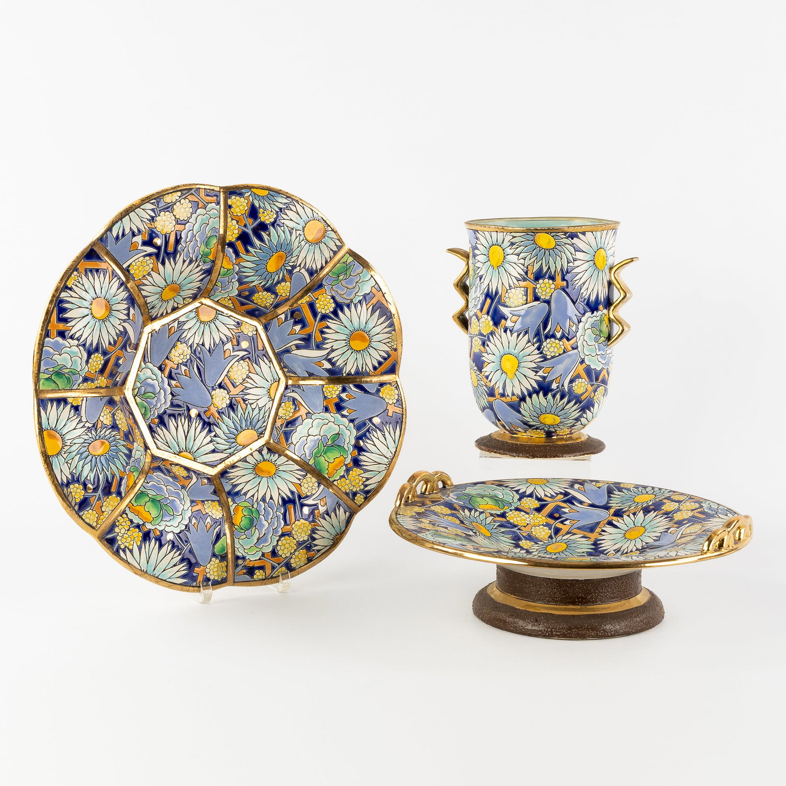 Raymond Chevalier (1900-1959) Two bowls and a vase, Polychrome decor with floral motifs, Art Deco, (1 of 12)
