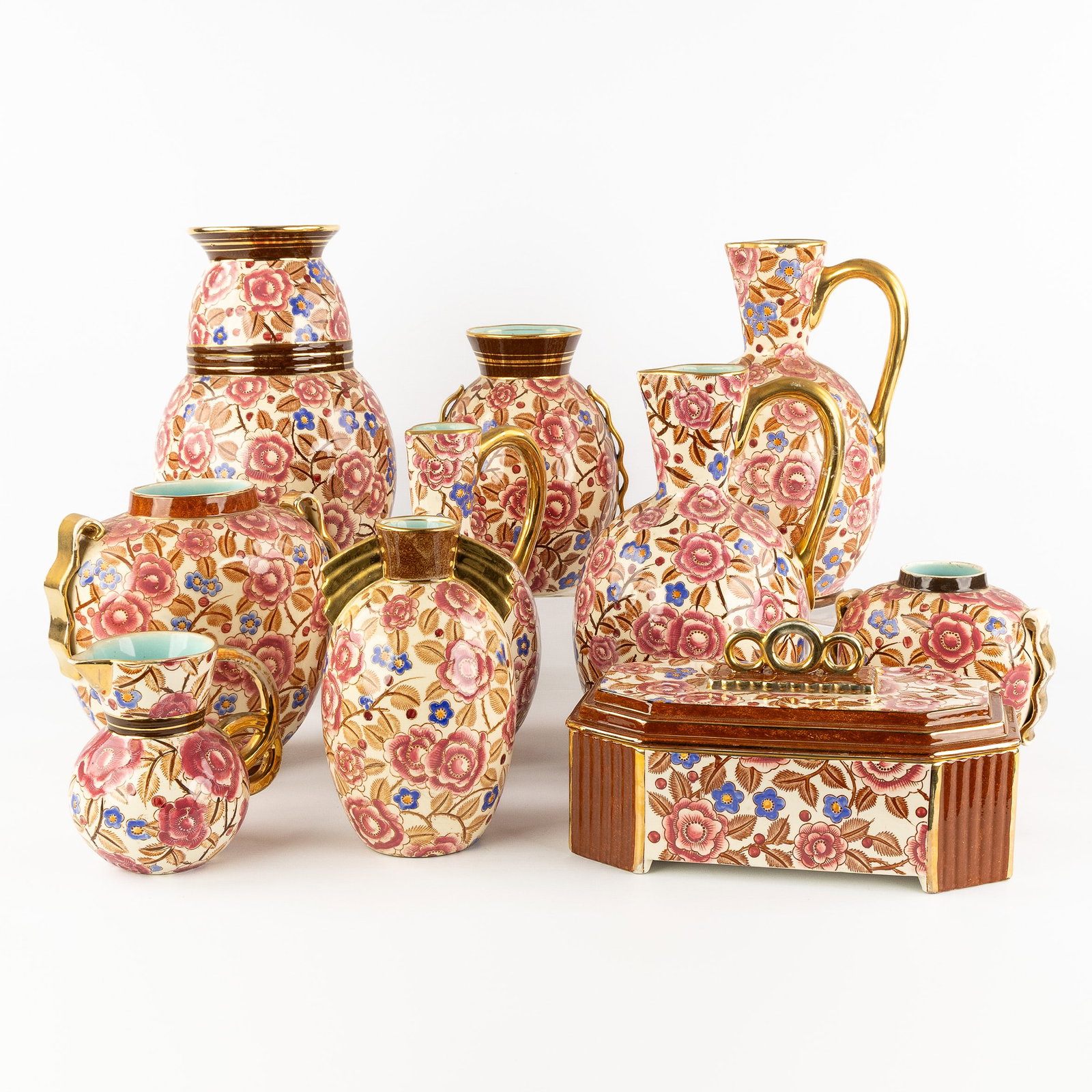 Raymond Chevalier (1900-1959), ‘Shanghai' decor, 10 pieces of glazed ceramics for Boch Keramis,: Raymond Chevalier (1900-1959), 'Shanghai' decor, 10 pieces of glazed ceramics for Boch Keramis, Art Deco. Shanghai decor, Poplychrome decor with floral motifs, Art Deco (Decor 2940). Boch Freres Keram