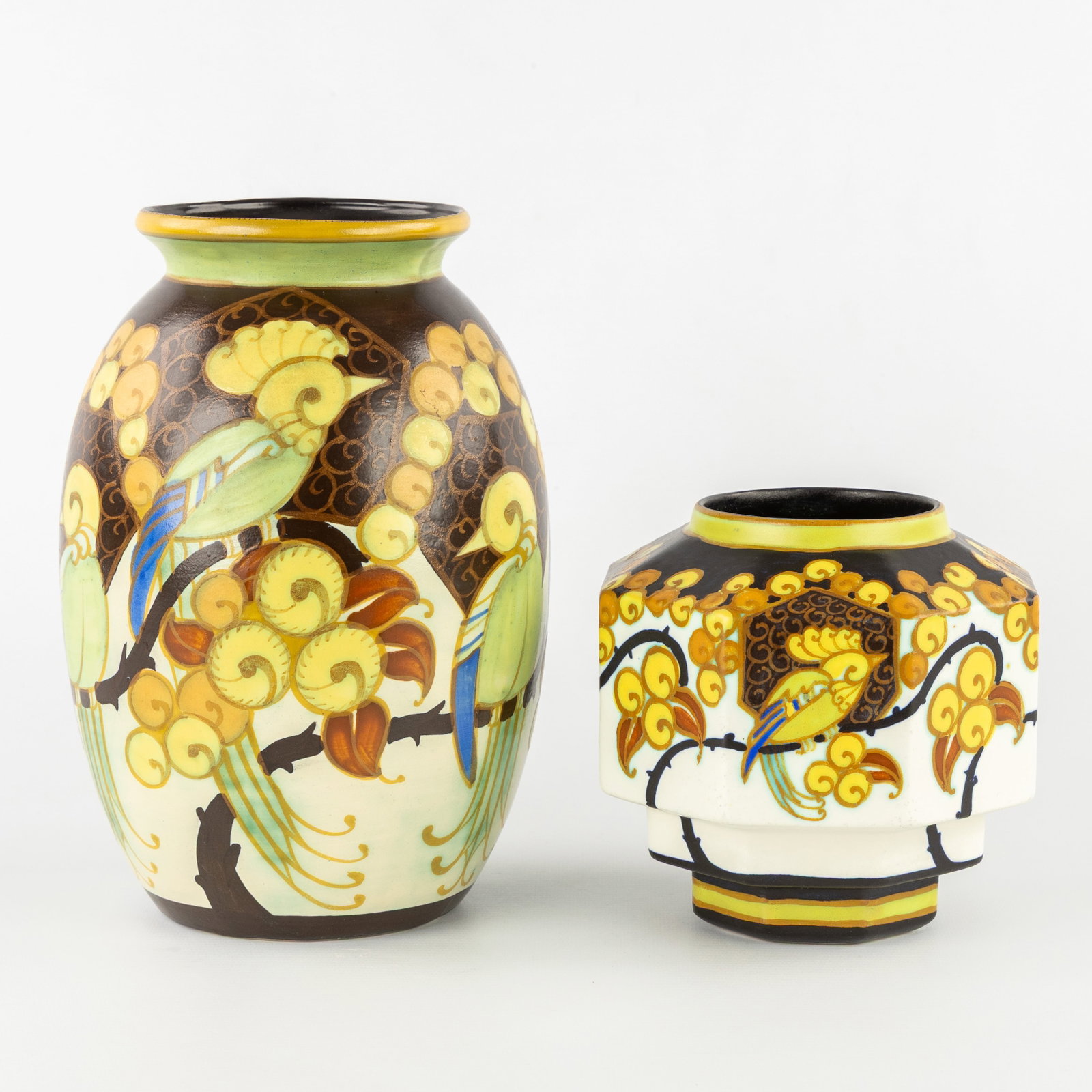 Charles Catteau (1880–1966) ‘Two vases: Polychrome design with exotic birds and floral motifs' (1 of 9)