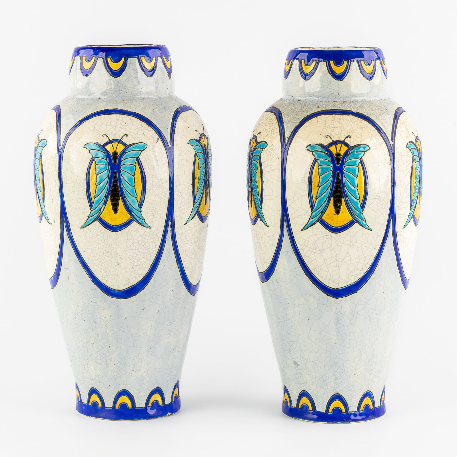 Charles Catteau (1880-1966) Polychrome decor with stylized butterflies, a pair of vases, for Boch (1 of 7)