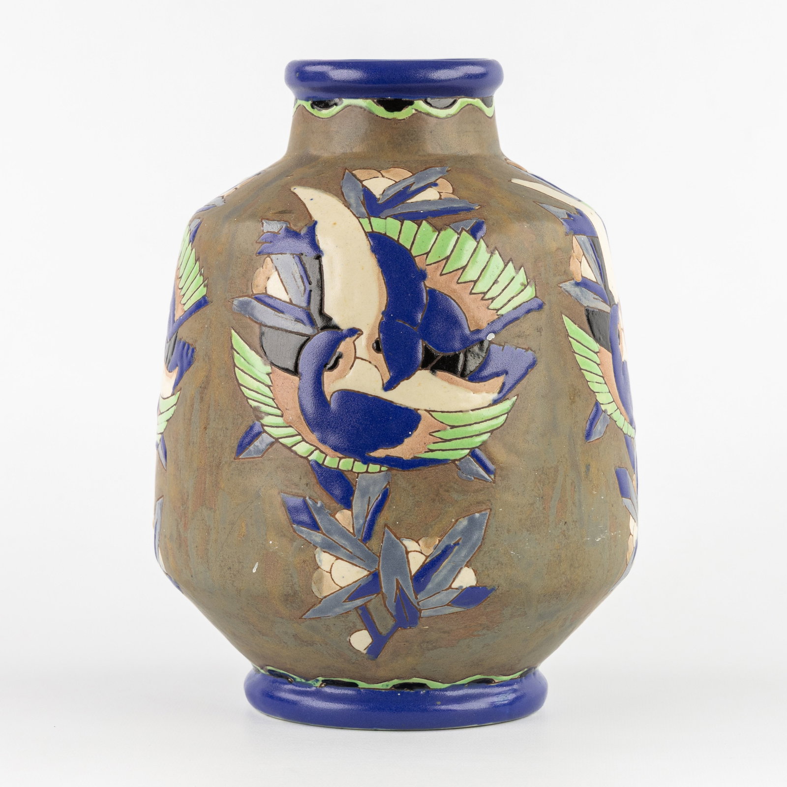 Charles Catteau (1880–1966) ‘Vase, polychrome design with swallows and floral motifs', glazed (1 of 8)