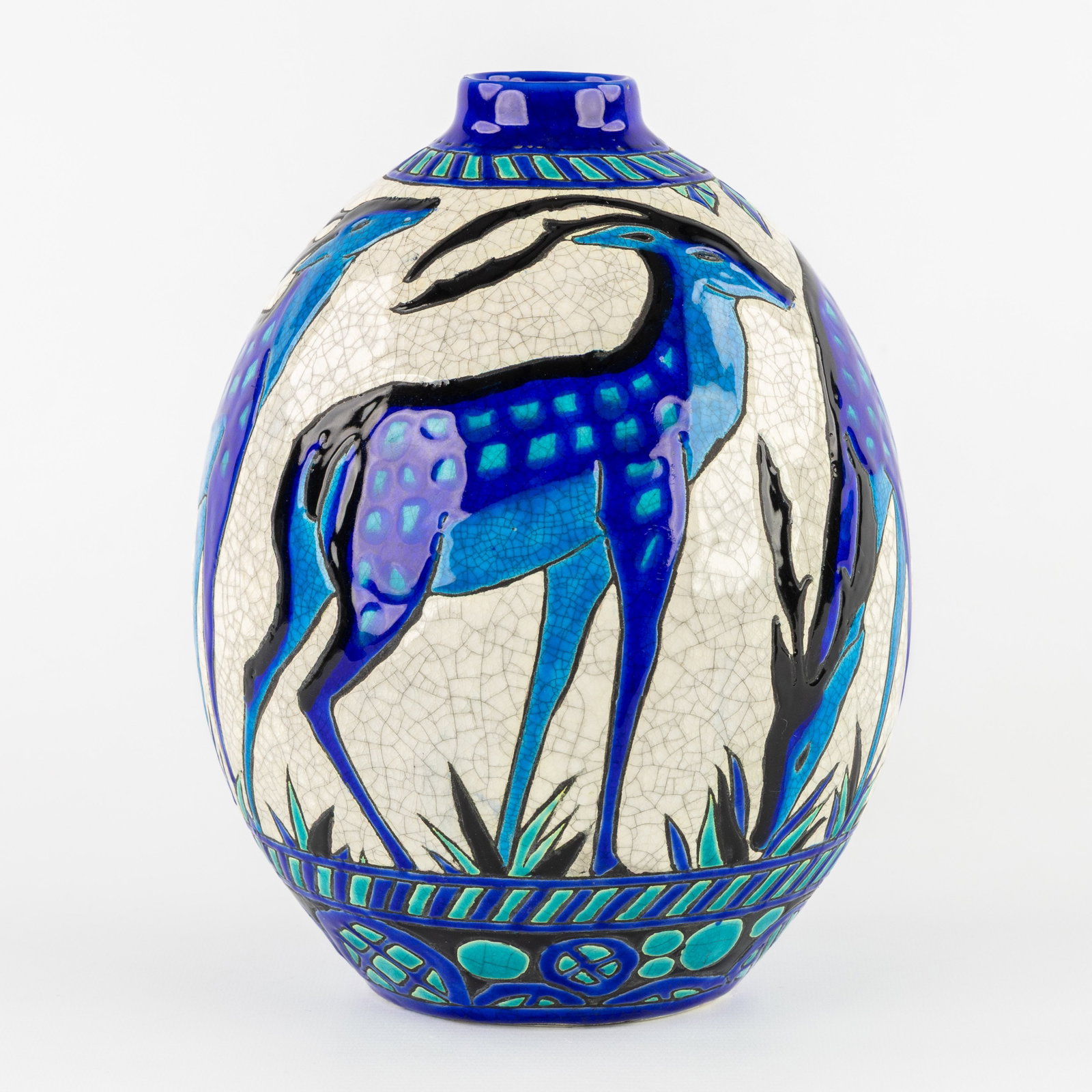 Charles Catteau (1880–1966) ‘Vase with Fallow Deer and Does', glazed ceramic for Boch Keramis. (1 of 7)