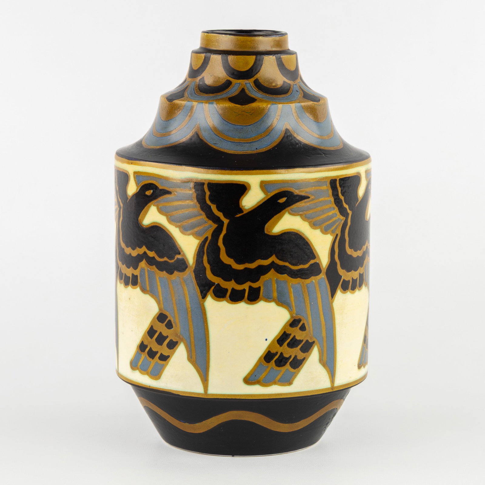 Charles Catteau (1880–1966) ‘Vase, repetitive design with stylised magpies', glazed ceramics for (1 of 7)