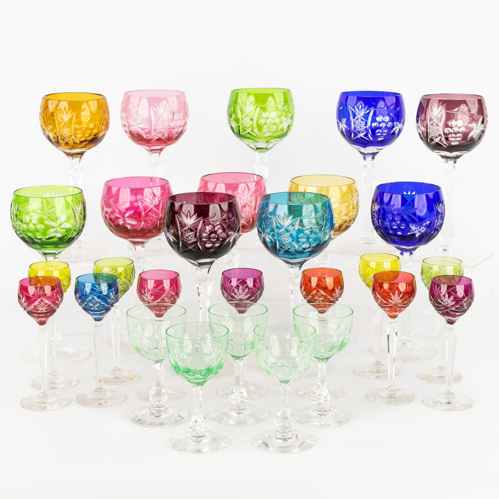 Val Saint Lambert and Bohemia, a collection of 28 glasses, coloured and cut crystal. (1 of 8)