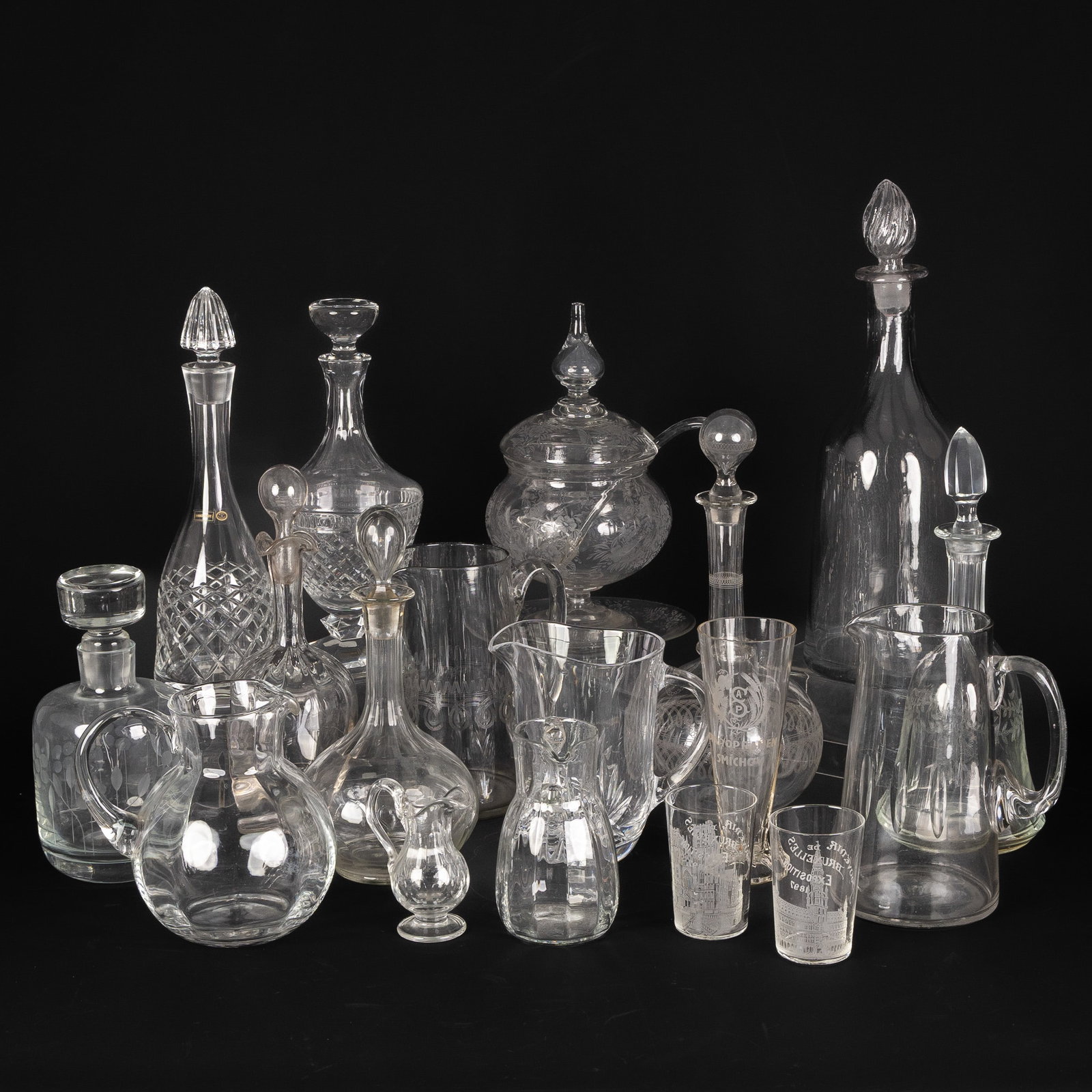 A Collection of glassware with Carafes, Pitchers, Glasses, and a Punch bowl, cut and engraved (1 of 7)