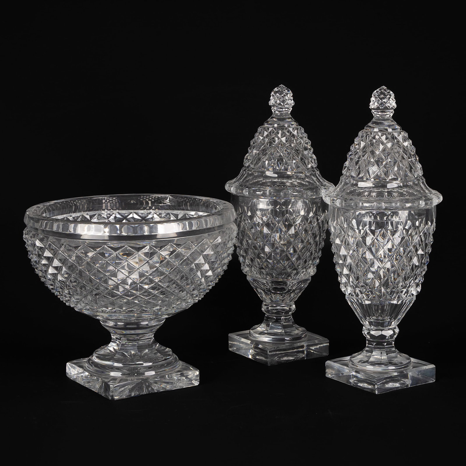 A Pair of Covered vases or Bonbonnières and a Bowl on Stand, cut crystal. (1 of 7)