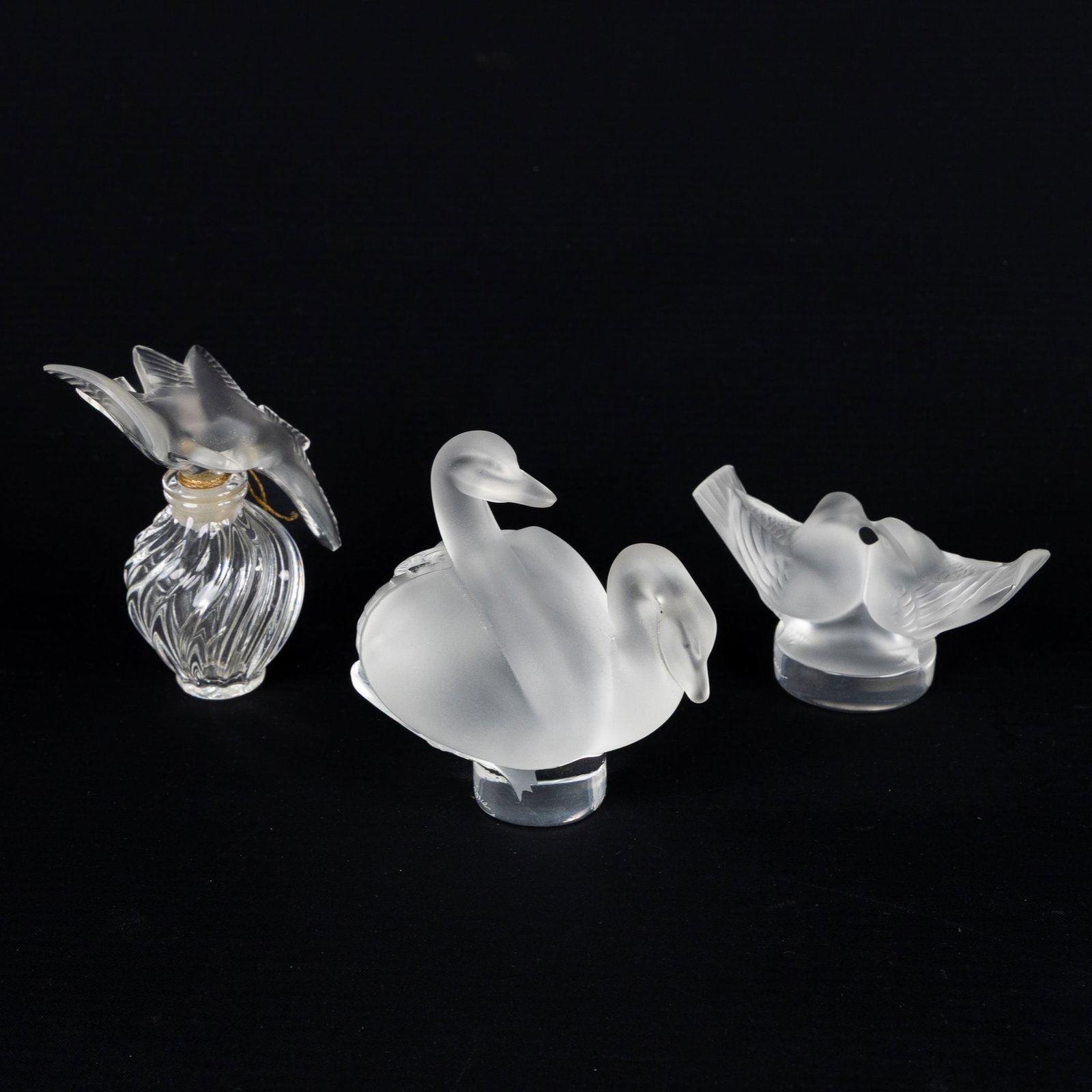 Lalique France, Two Doves, Two Swans, and a Perfume Bottle 'L'Air du Temps', Frosted and Cut (1 of 10)