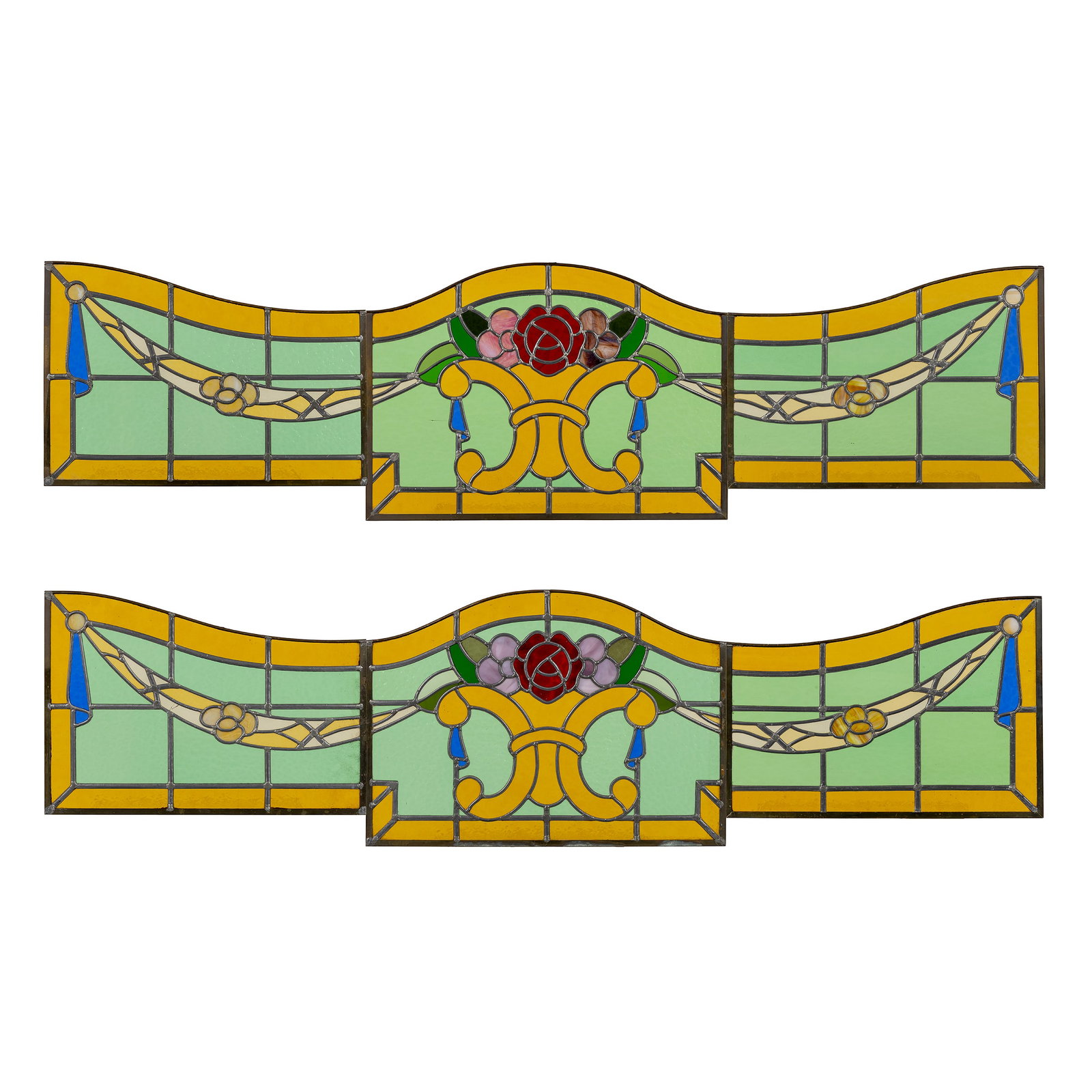 Two sets of Art Deco stained-glass windows with floral wreaths, circa 1930. (1 of 8)