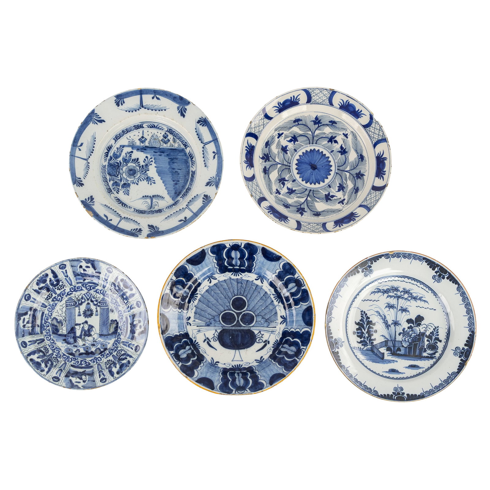 Five Blue and White plates, Peacock Tail, Wanli and other decors, Delft earthenware, 18th C. (1 of 13)