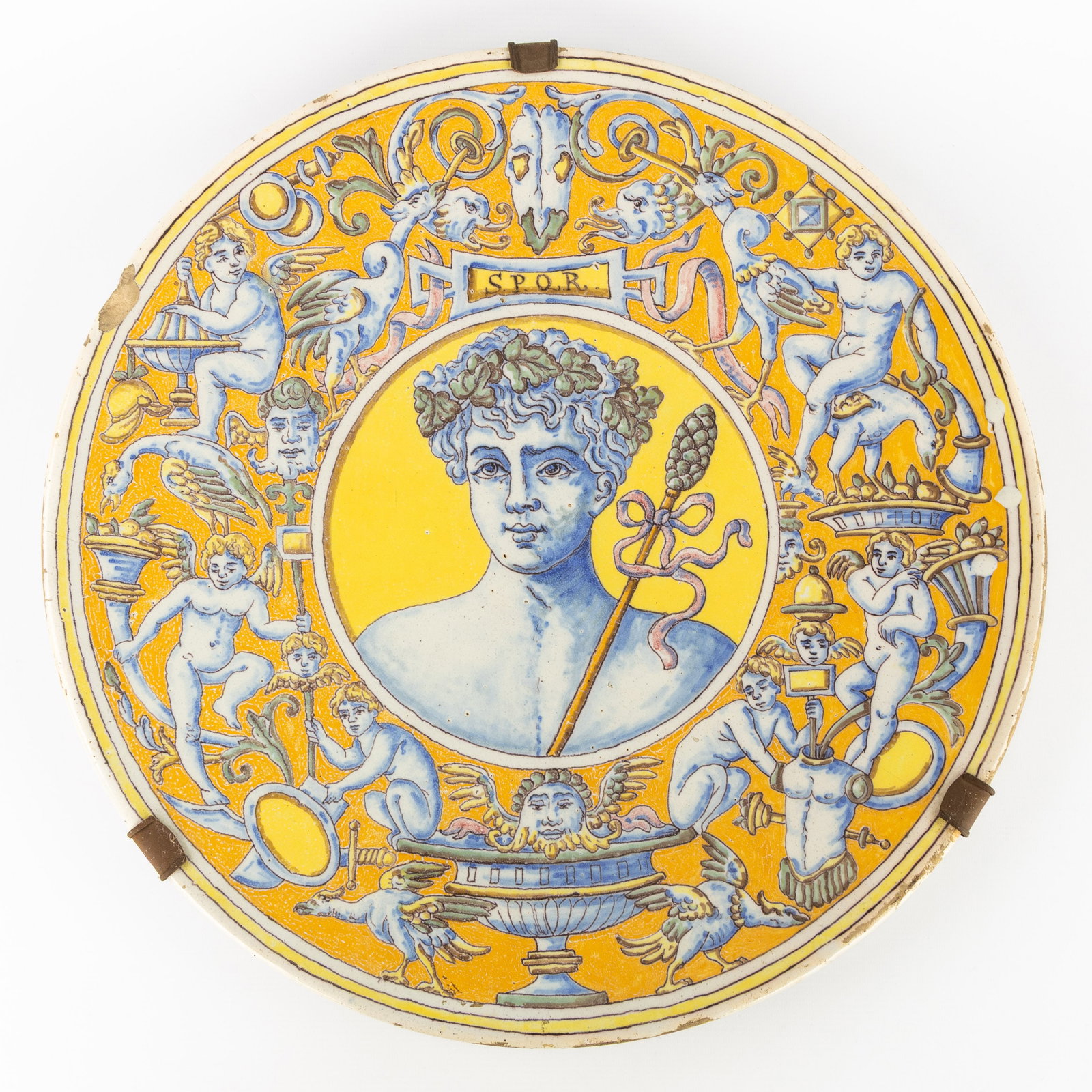A Large dish in Italian majolica, decorated with Bacchus or Dionysus. 18th/19th C. (1 of 6)