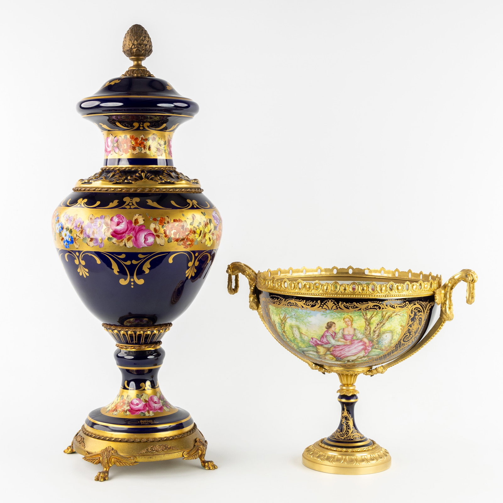Limoges and Sèvres, A cobalt blue vase and bowl with hand-painted and gilded decorations, mounted (1 of 16)