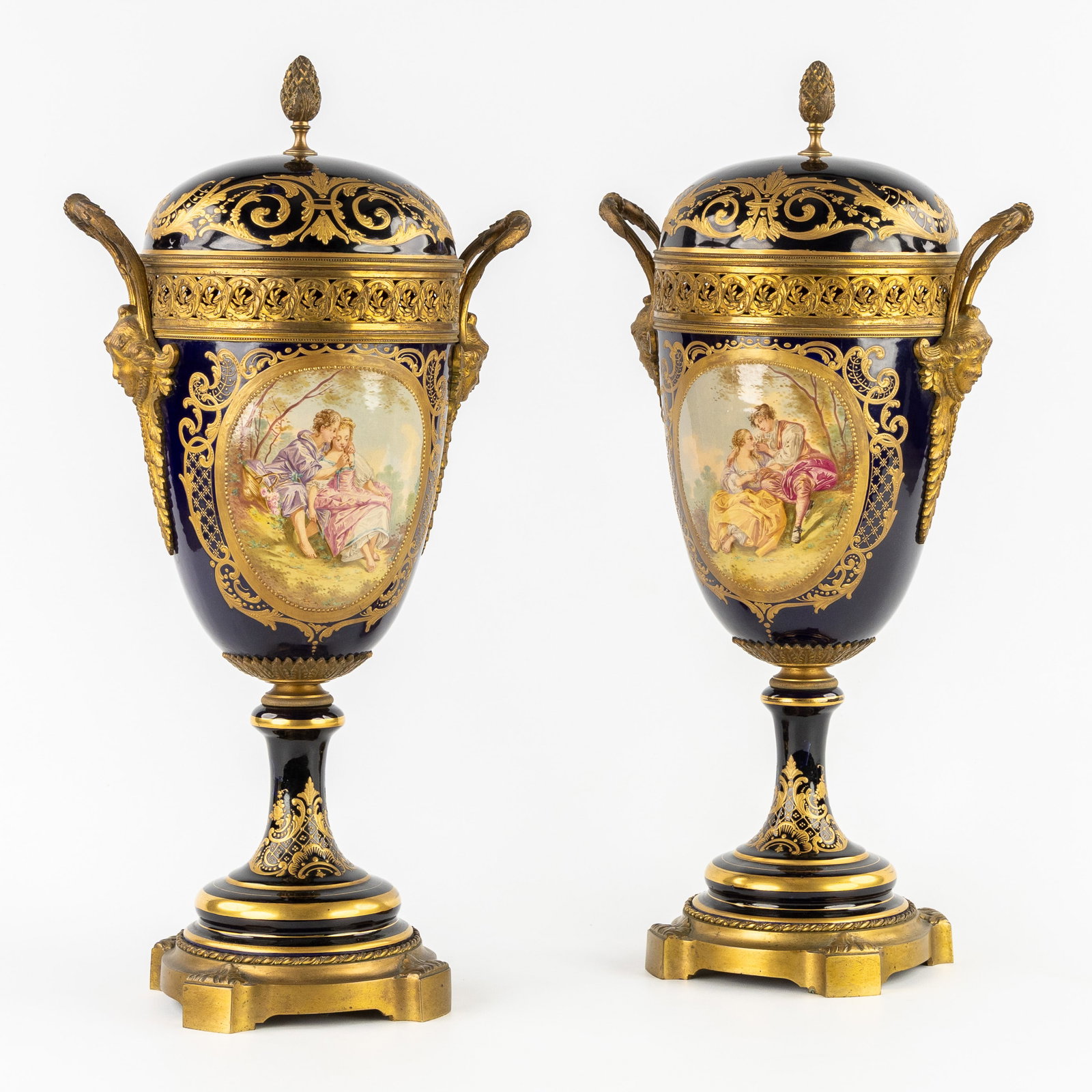 Sèvres, a pair of ornamental vases with a Romantic scene. Polychrome and gilt porcelain, mounted (1 of 14)