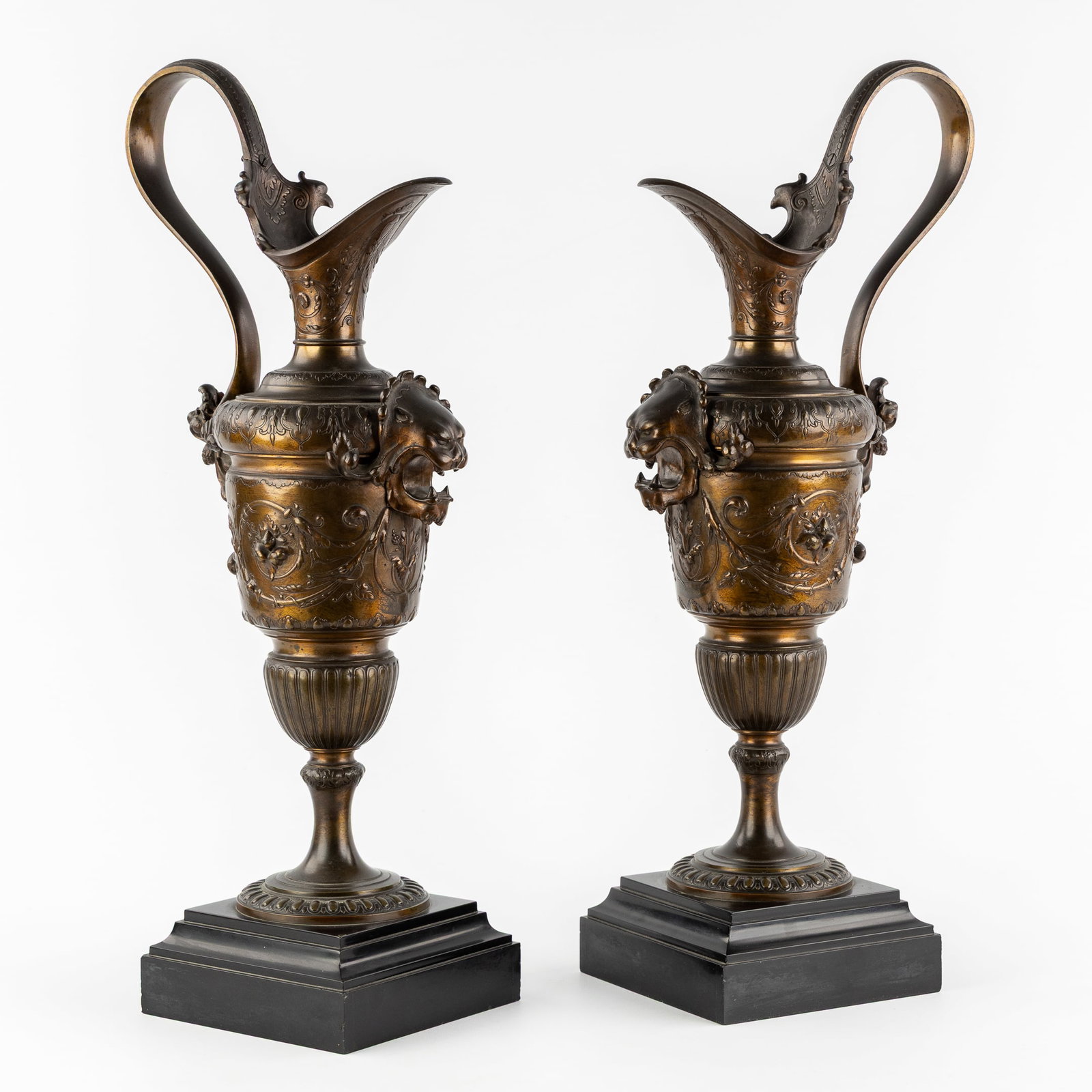 A Pair of Neoclassical Vases or Ewers, Decorated with Lion Heads, Patinated Bronze and Marble. (1 of 20)