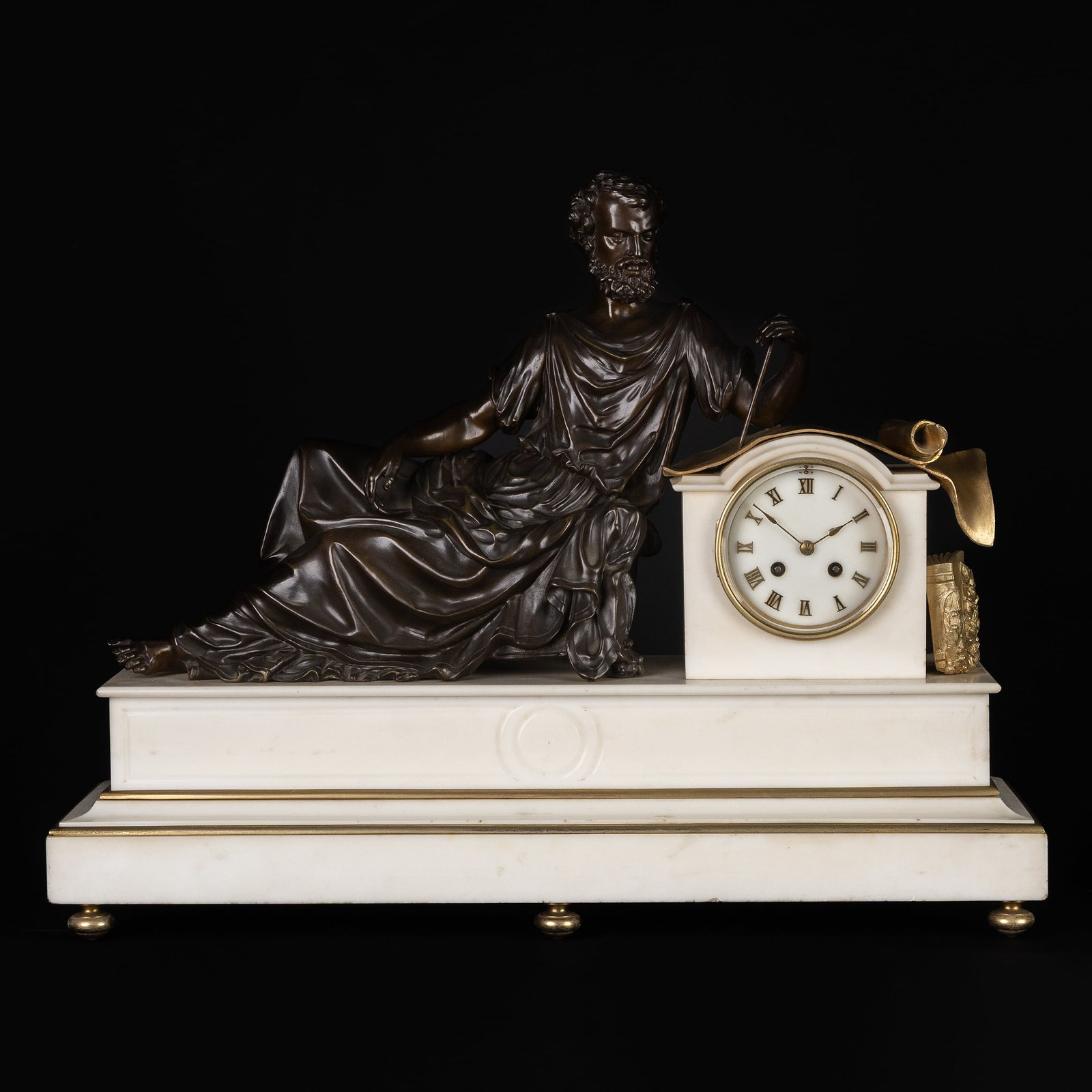 A Mantel clock with bronze sculpture of a Greek Philosopher, brass and Carrara marble, France, 19th (1 of 8)