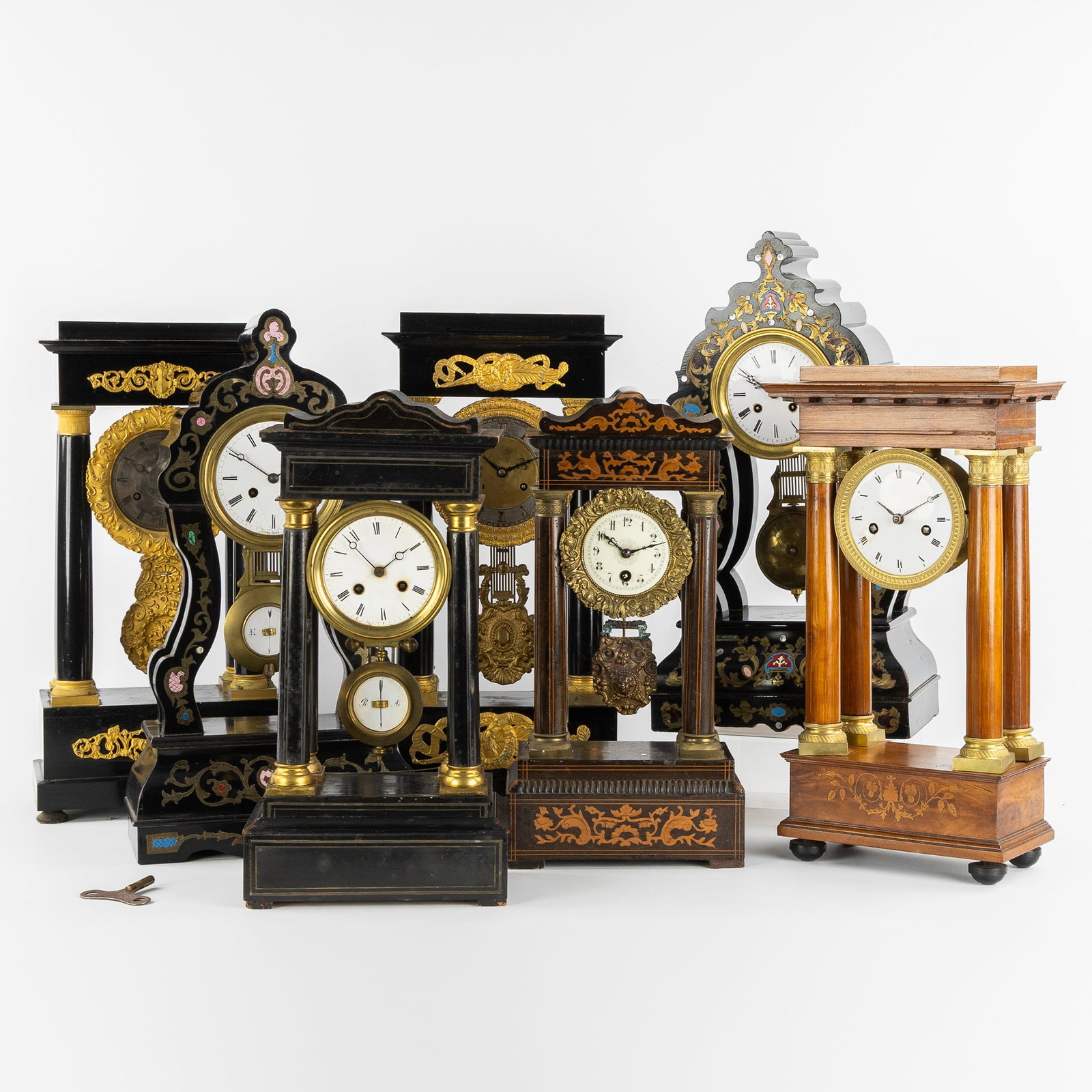 Seven Column clocks or Portico clocks, Wood and gilded bronze/brass, Empire and Napoleon III style, (1 of 12)
