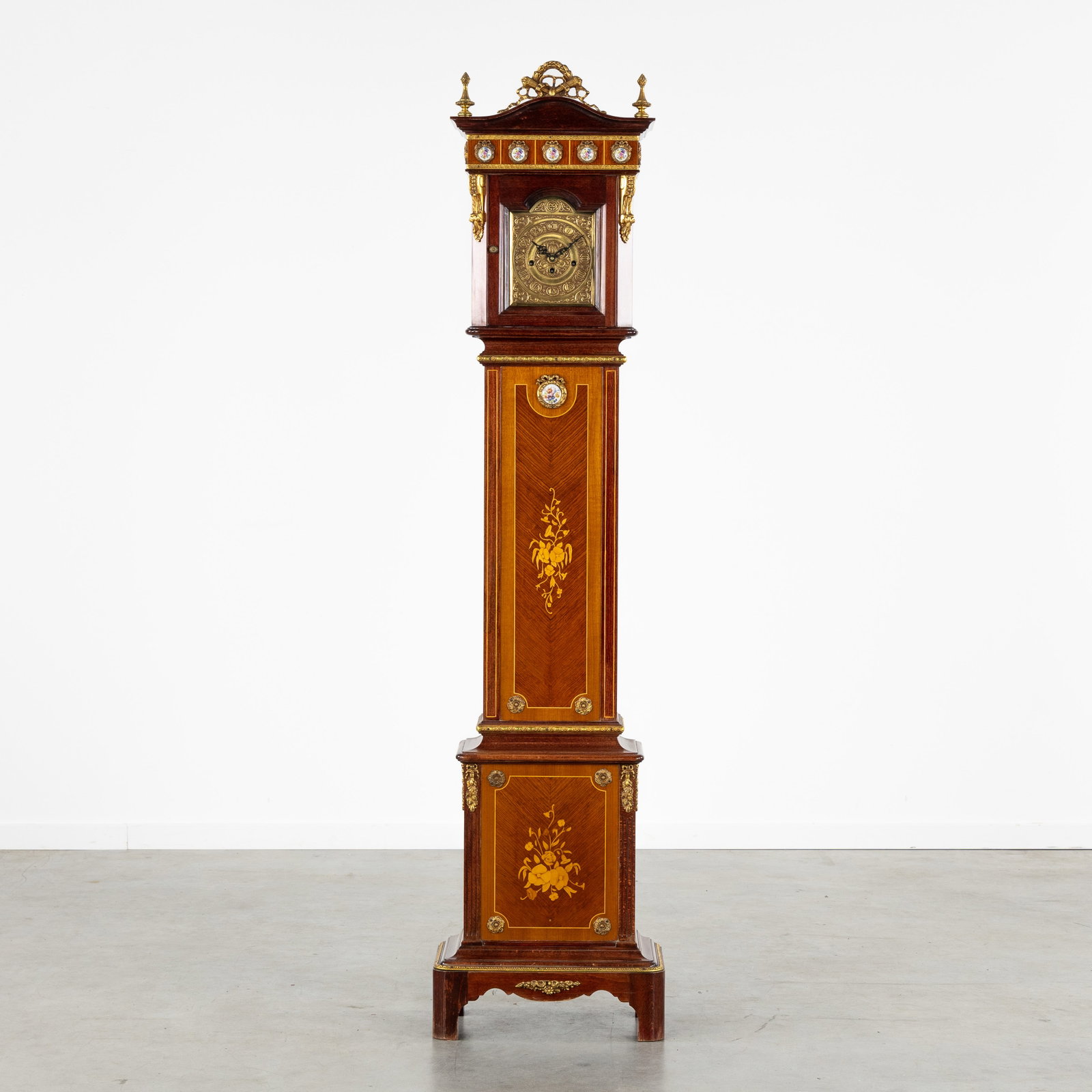 A Grandfather clock, Louis XVI style, floral marquetry, porcelain plaques, and fine gilded bronze, (1 of 8)