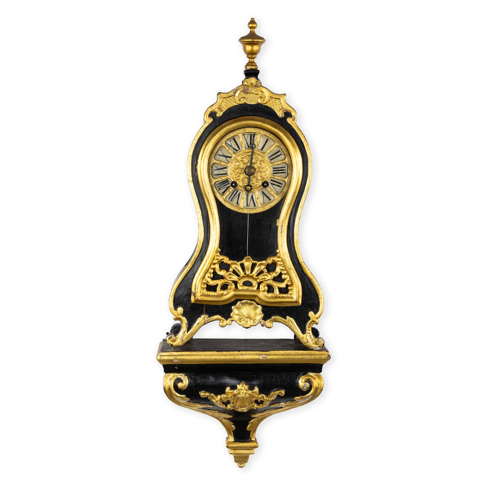 A French Cartel clock with console, ebonized and gilded wood, Louis XV, 18th C. (1 of 9)