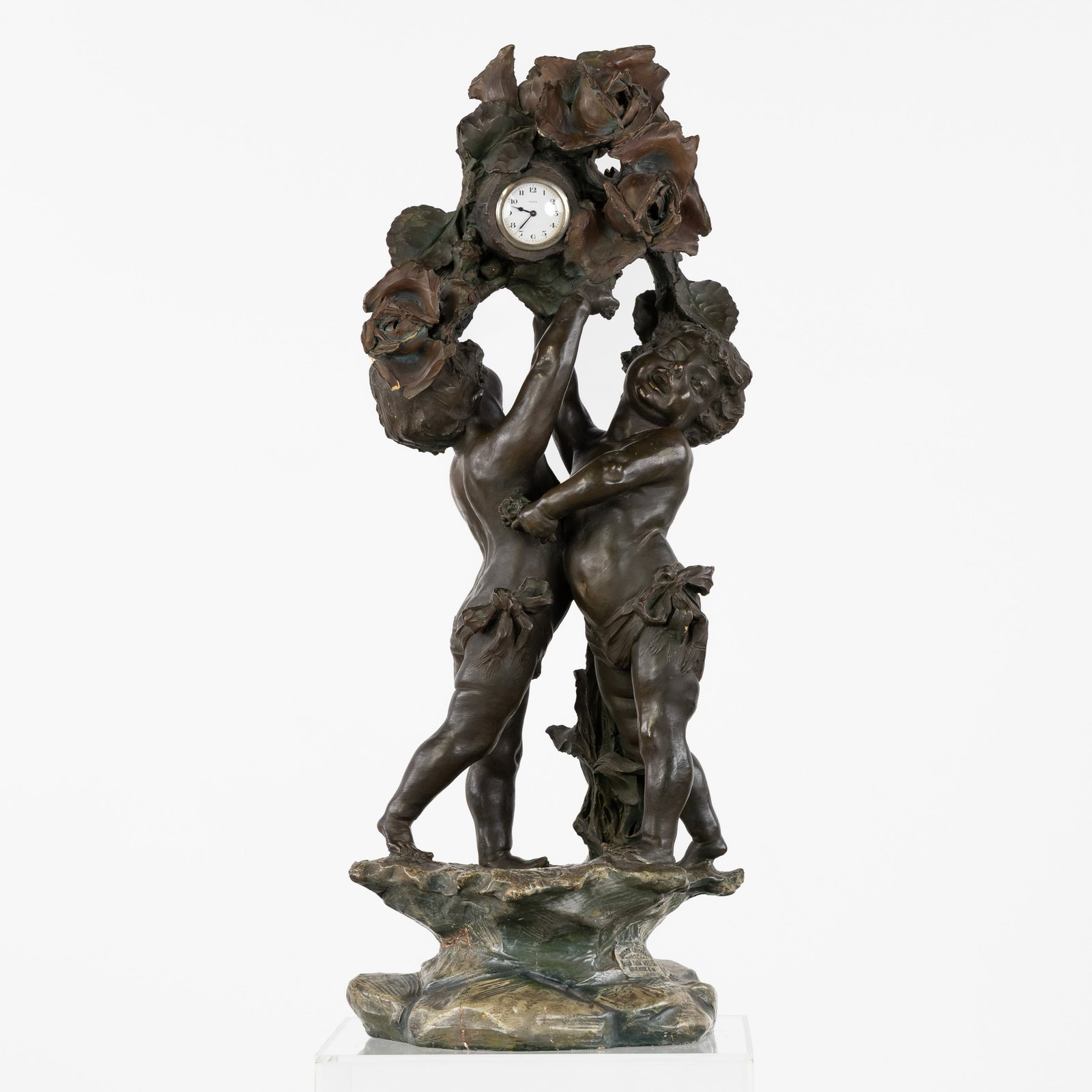Cimone Lavoranti, a large sculptured table clock with two Putti, patinated terracotta, Italy, Monza, (1 of 12)
