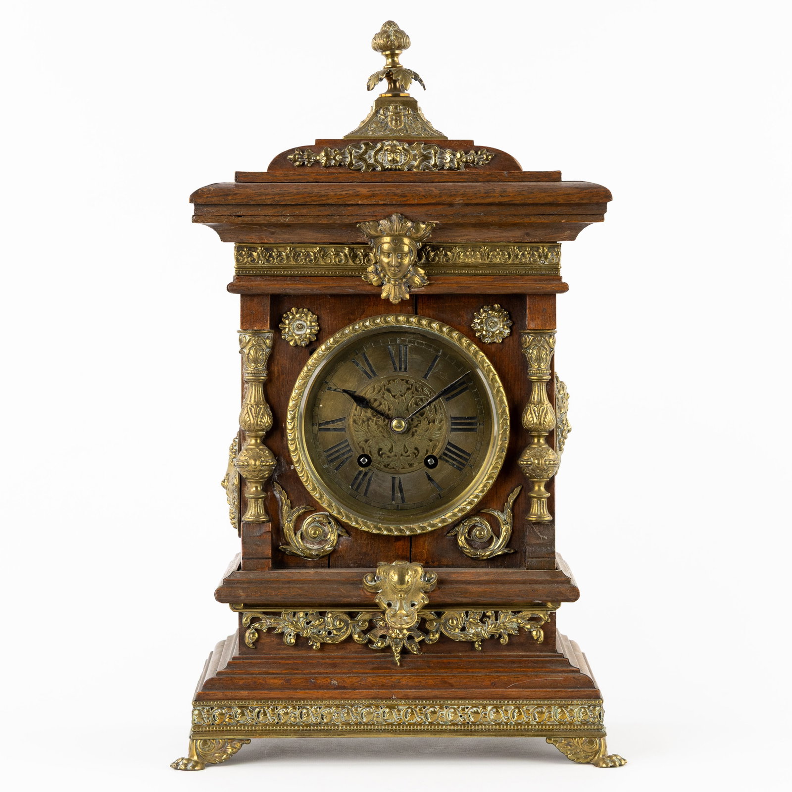 A Lenzkirch mantel clock with Bacchus medallions, mounted with fine bronze fittings. Germany, late (1 of 6)