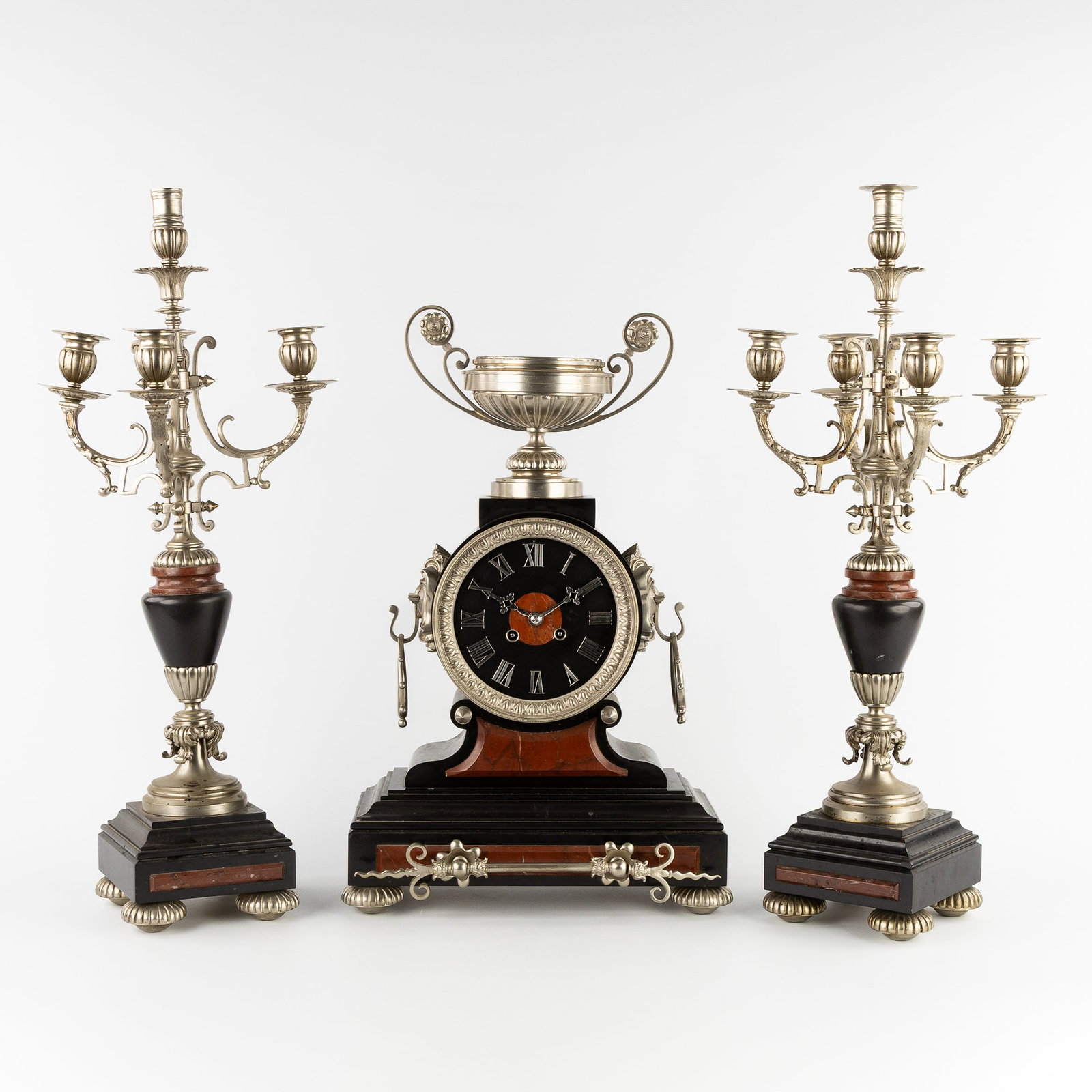 A Three-piece mantel garniture, clock and candelabra, marble and silver-plated metal, circa 1900. (1 of 8)