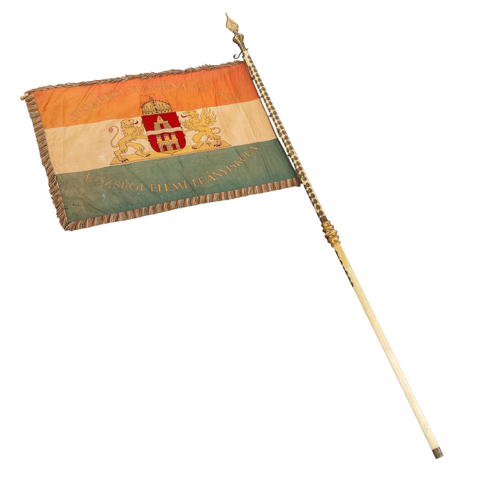 An Antique banner, flag and processional pole with heraldic finial, Kingdom of Hungary, Budapest, (1 of 9)