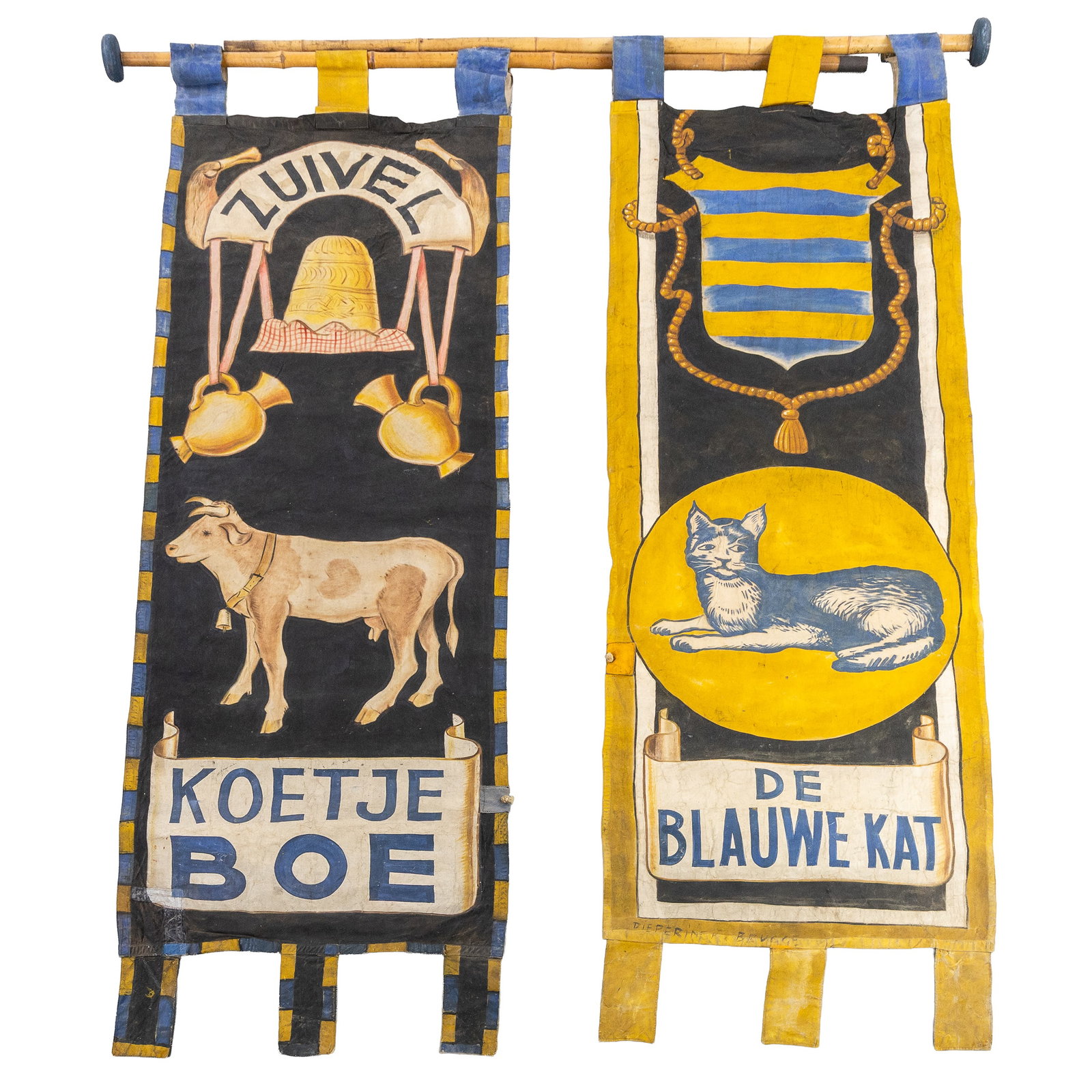 Two Antique banners or guild flags, 'Koetje Boe' and 'De Blauwe Kat', Bruges and surroundings, circa (1 of 8)