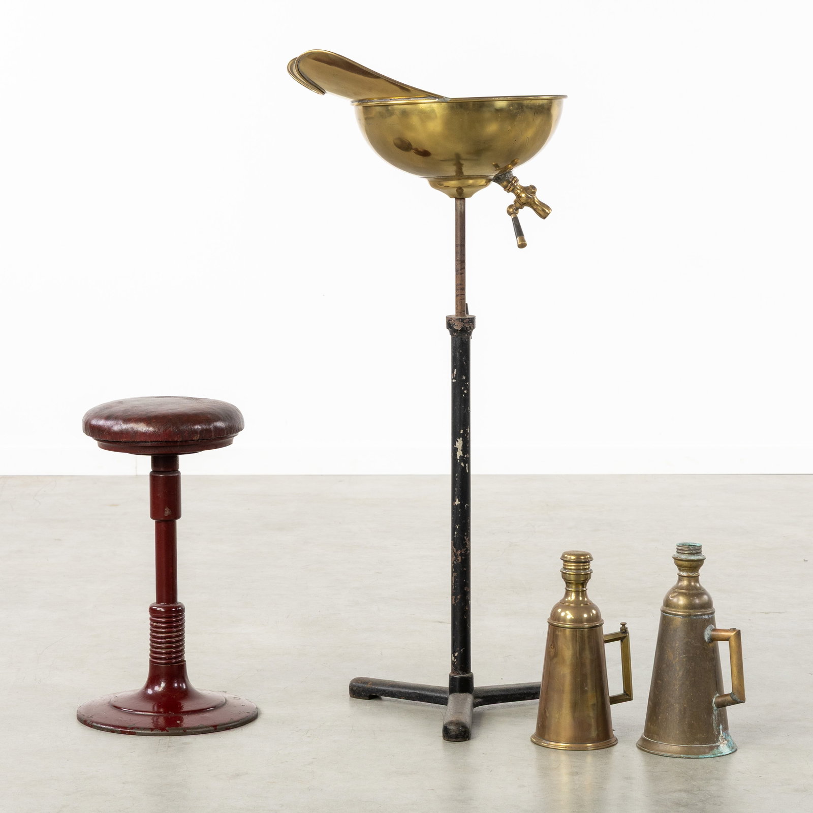 An Antique French barber set with wash or shaving basin, 2 powder shakers, and a barber's stool, (1 of 6)
