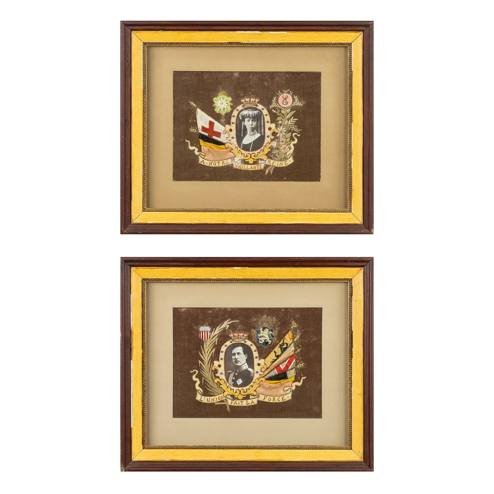 Belgian Royal House, a pair of frames with embroidery, King Albert I and Queen Elisabeth, circa: Belgian Royal House, a pair of frames with embroidery, King Albert I and Queen Elisabeth, circa 1914. A pair of frames with photographs of King Albert I and Queen Elisabeth, finished with embroidery, 